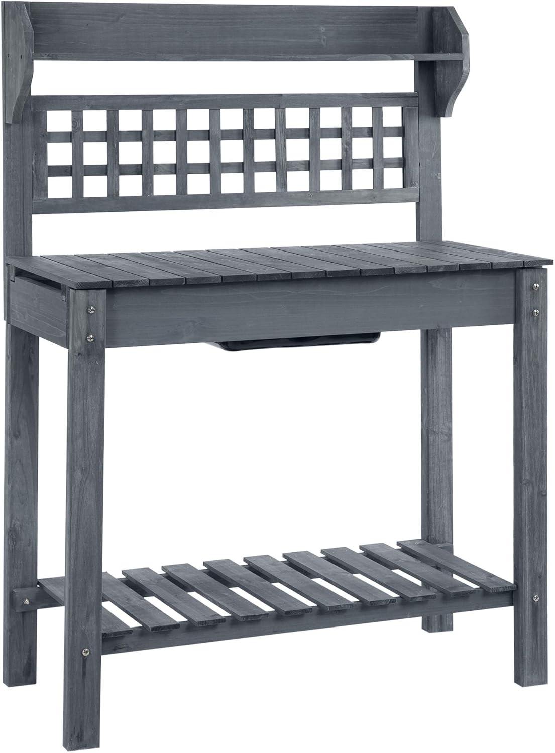 Outsunny 39'' Wooden Garden Potting Bench Work Table with Hidden Storage, Sliding Tabletop, Below Clapboard, Upper Shelf, Gray