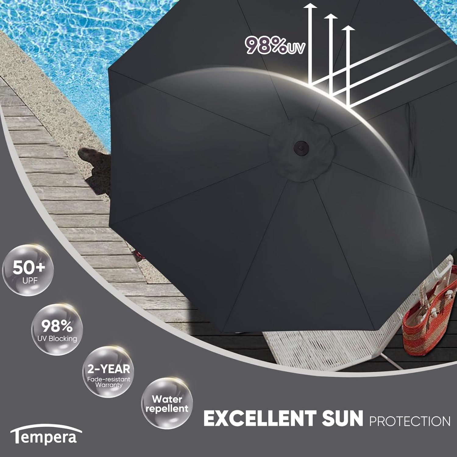 Tempera Patio Market Outdoor Table Umbrella with Push Button Tilt and Crank,Large Sun Umbrella with Sturdy Pole&Fade resistant canopy,Easy to set