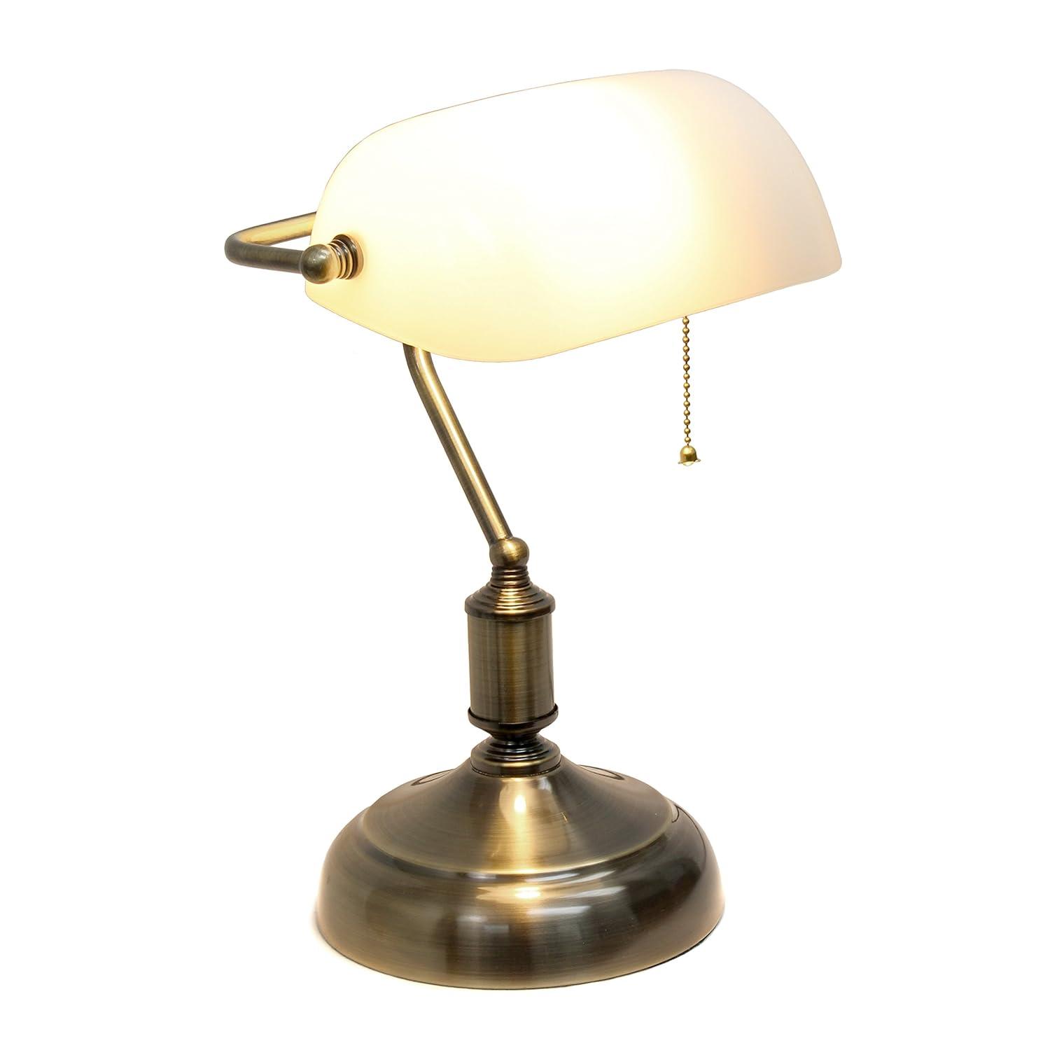 Executive Banker's Desk Lamp with Glass Shade Black - Simple Designs: ETL Listed, Metal Body, Pull Chain