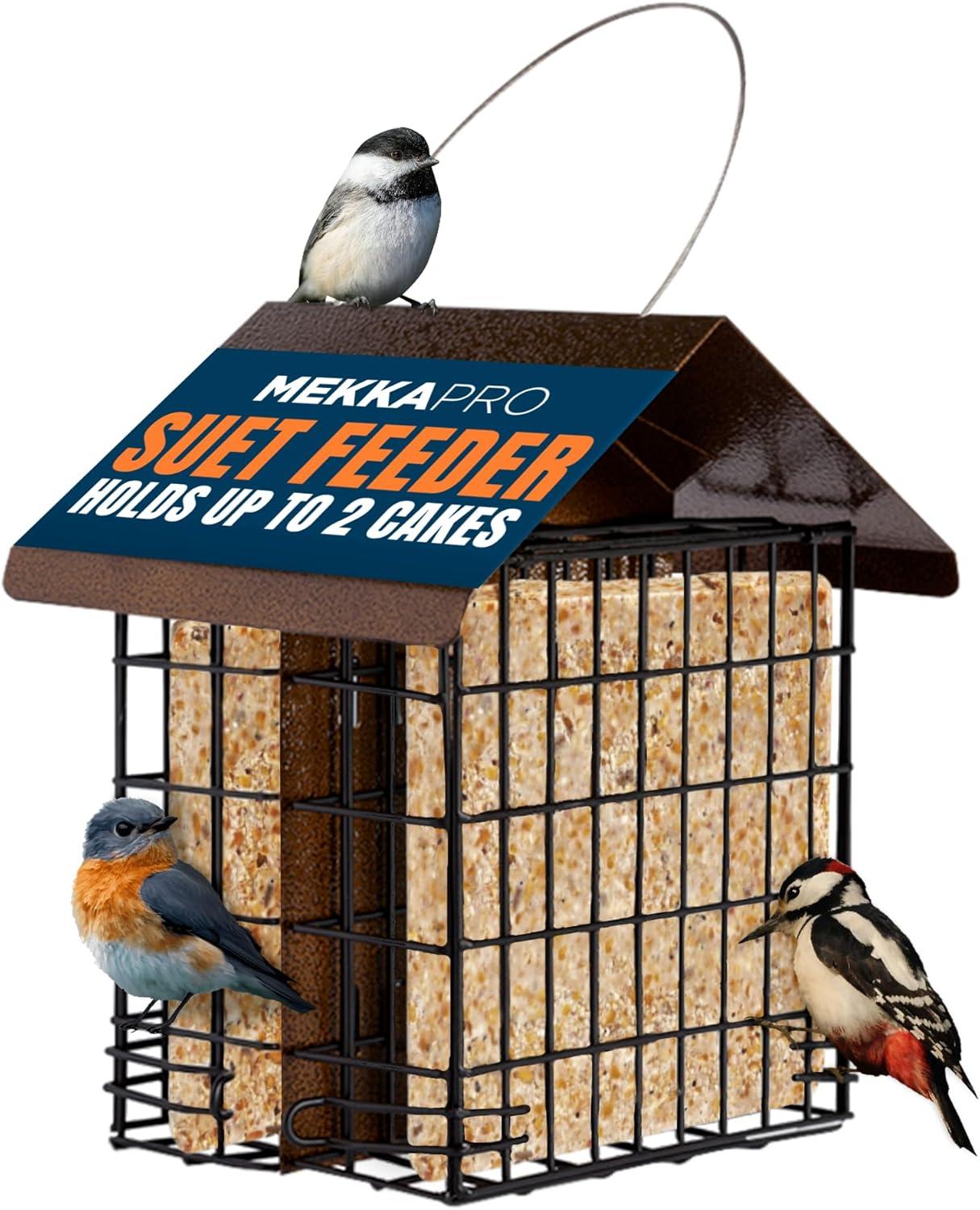 MEKKAPRO Suet Feeder with Hanging Metal Roof, Two Suet Capacity.