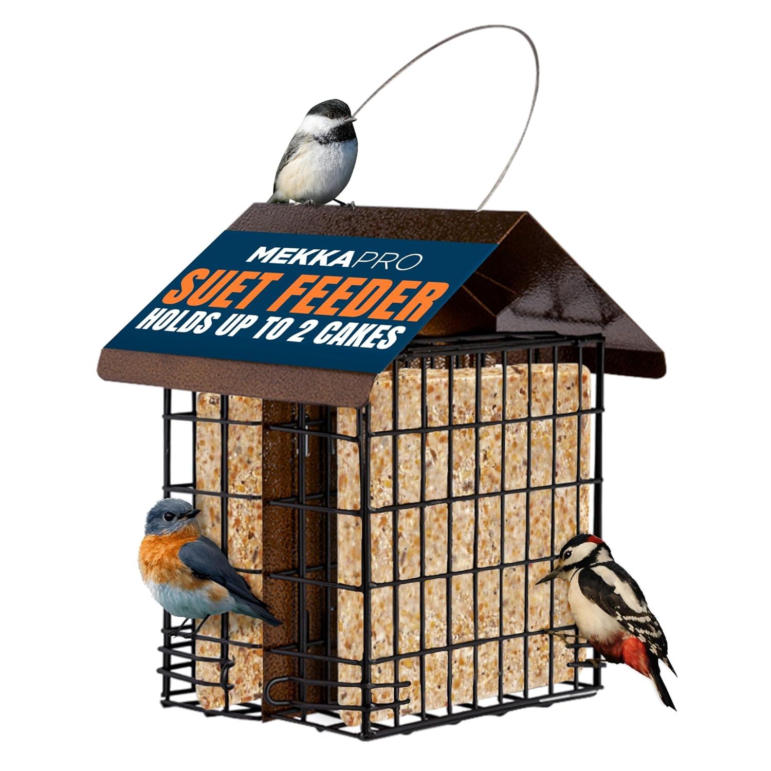 MEKKAPRO Suet Feeder with Hanging Metal Roof, Two Suet Capacity.