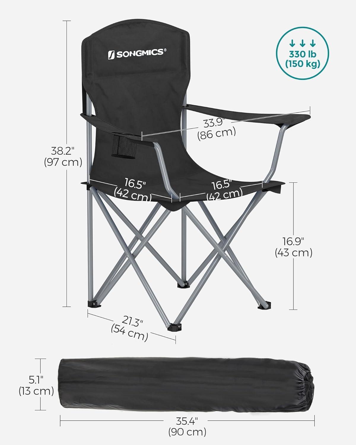 Set of 2 Black Folding Camping Chairs with Cup Holders