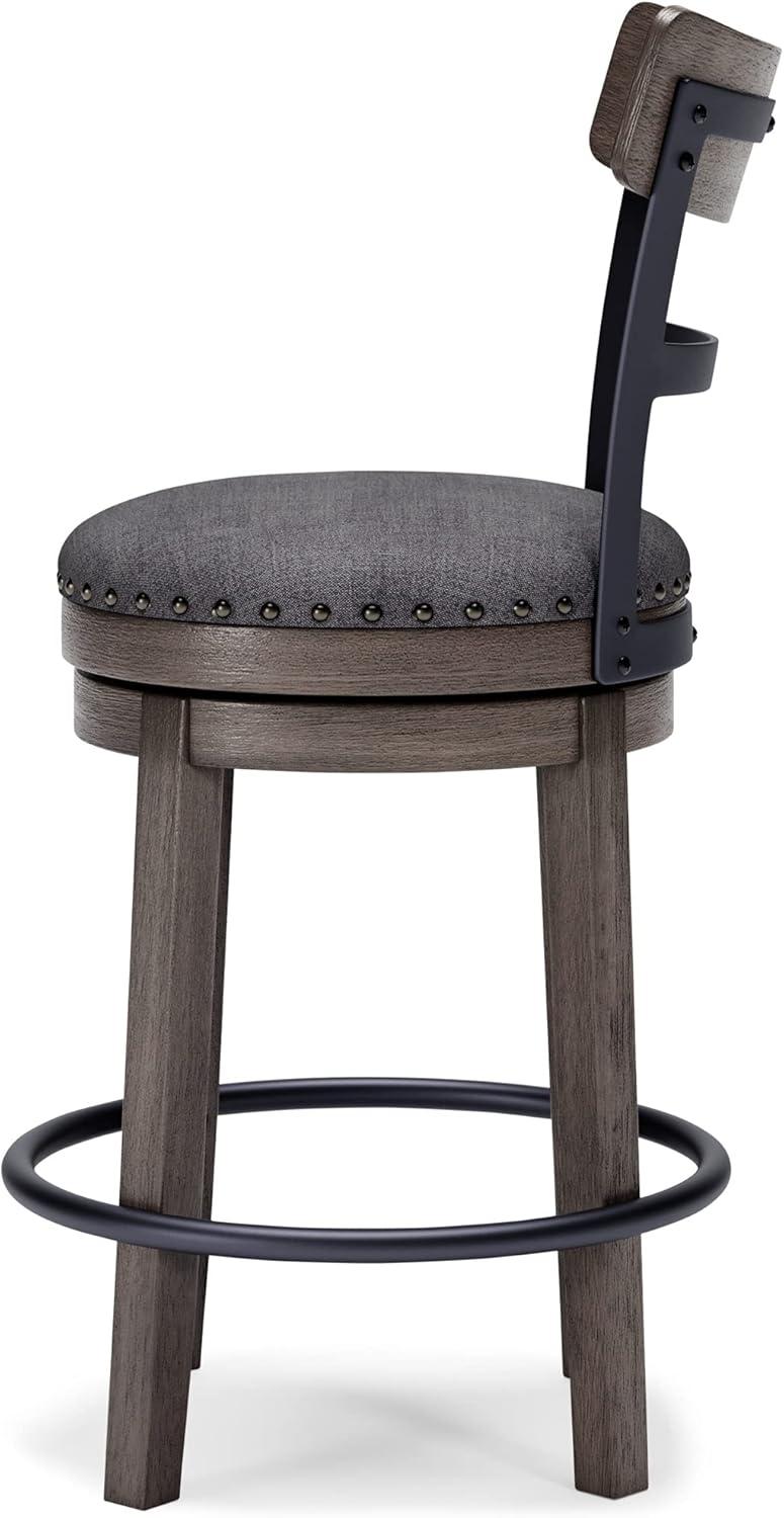 Gray Medium Wood and Metal Swivel Bar Stool with Nailhead Trim