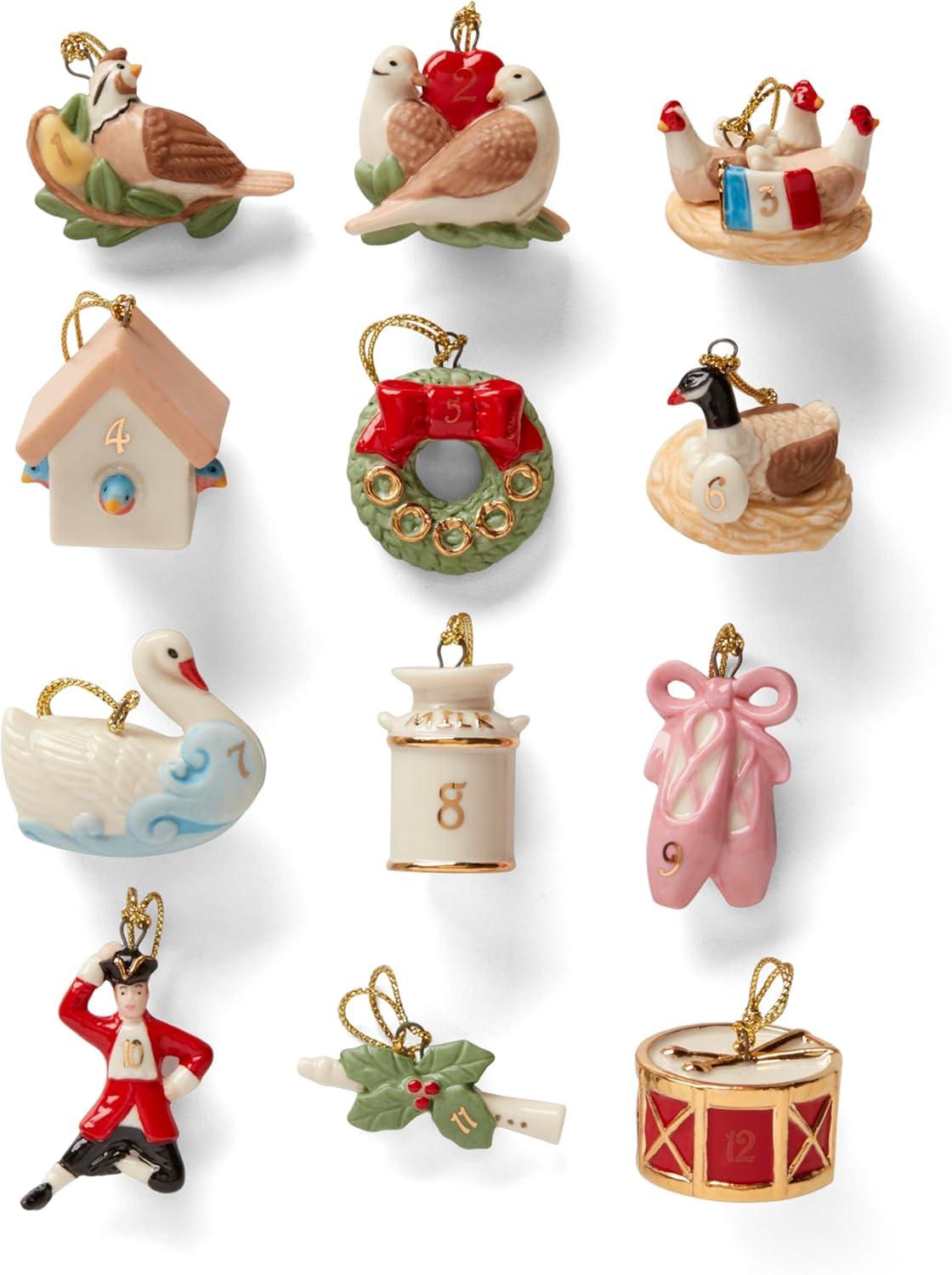 Twelve Days of Christmas Porcelain Ornament Set with Gold Tassels