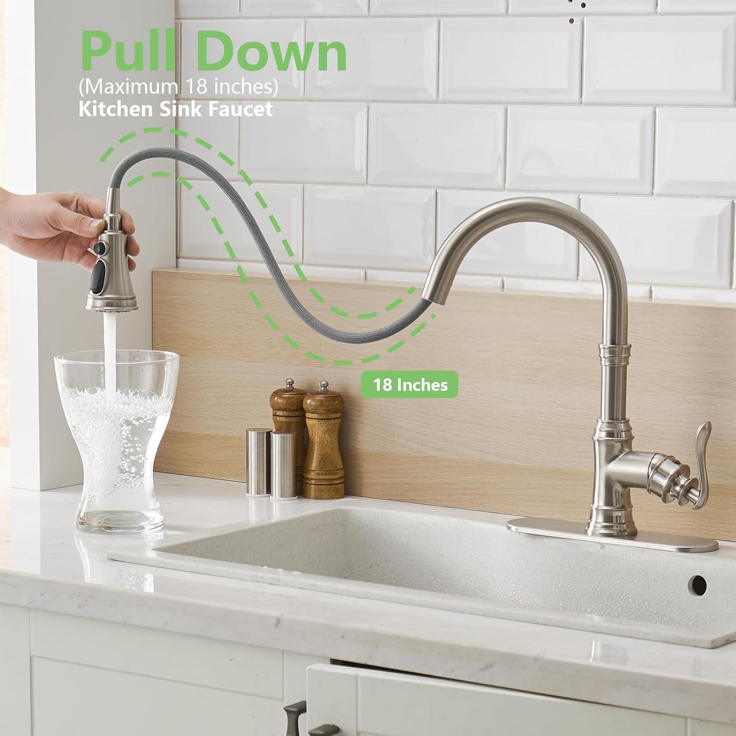 Kitchen Sink Faucet Brushed Nickel with Pull Down Sprayer 3 Mode Faucet for Kitchen Sink Single Handle High Arc Commercial Stainless Steel Pull Out RV Kitchen Faucet Bar,Deck Plate Include