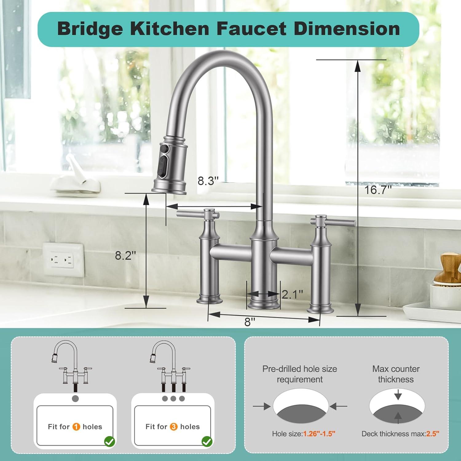 Brushed Nickel Bridge Kitchen Faucet: 3 Holes Kitchen Faucet with Pull Down Sprayer - Two Handles 8 Inch Centerset Kitchen Sink Faucet, 360° Swivel Spout