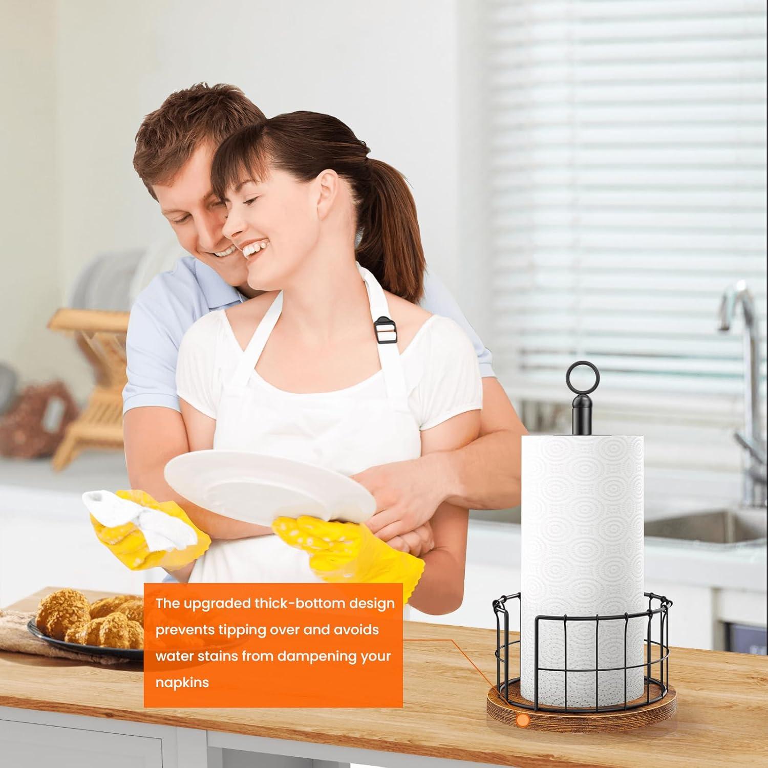 One Allium Way® Paper Towel Holder Countertop, Standing Paper Towel Roll Holder For Bathroom, Paper Towel Rack With Heavy Duty Wooden Base For Kitchen Counter, Fits Standard Or Jumbo-Sized Rolls,(Brown)