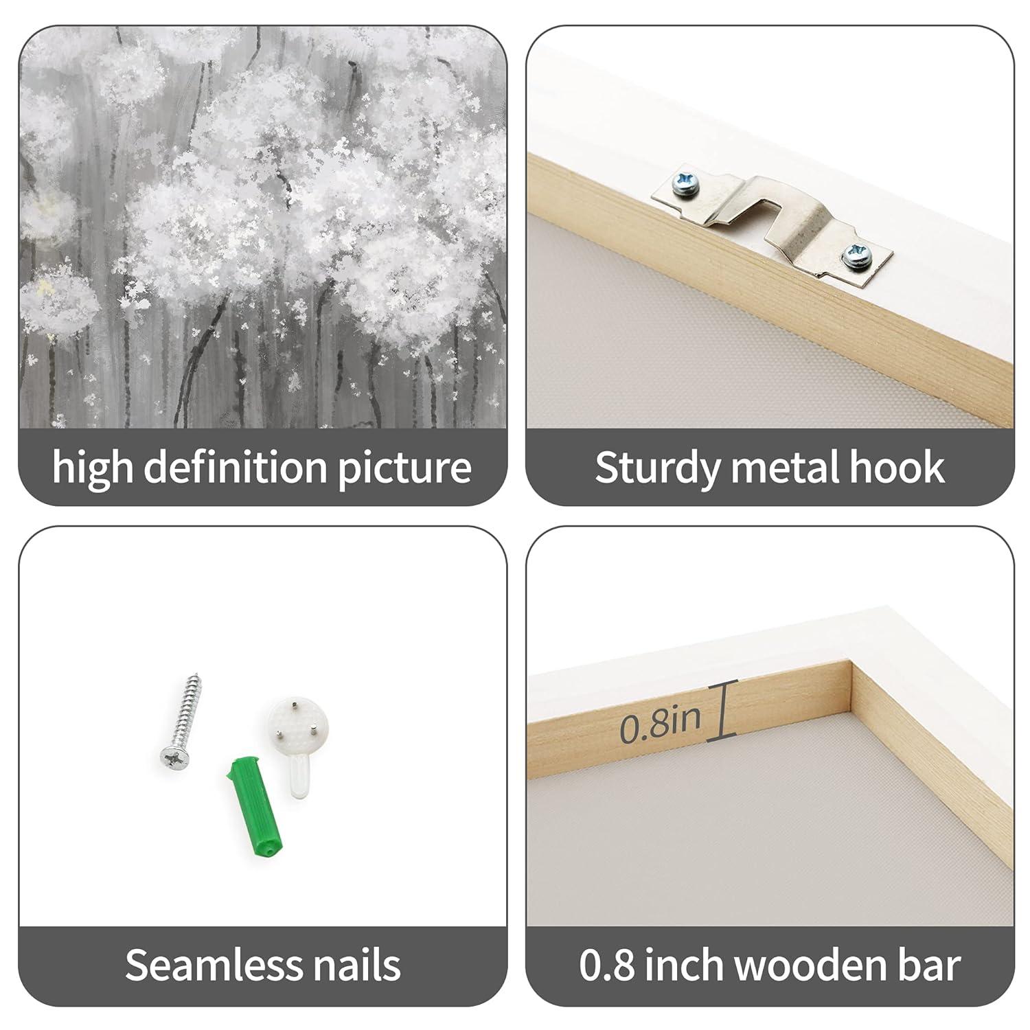 lamplig Wall Art Grey and White Flowers Modern Farmhouse Paintings Botanical Blossom Dandelion Pictures Artwork Floral Canvas Prints Living Room Bedroom Bathroom Home Decoration 16 x 24 Inch