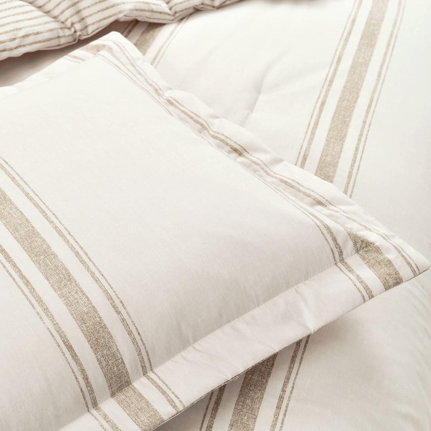 2pc Twin/Twin Extra Long Farmhouse Stripe Reversible Comforter & Sham Set Neutral - Lush Décor: Year-Round Plain Weave