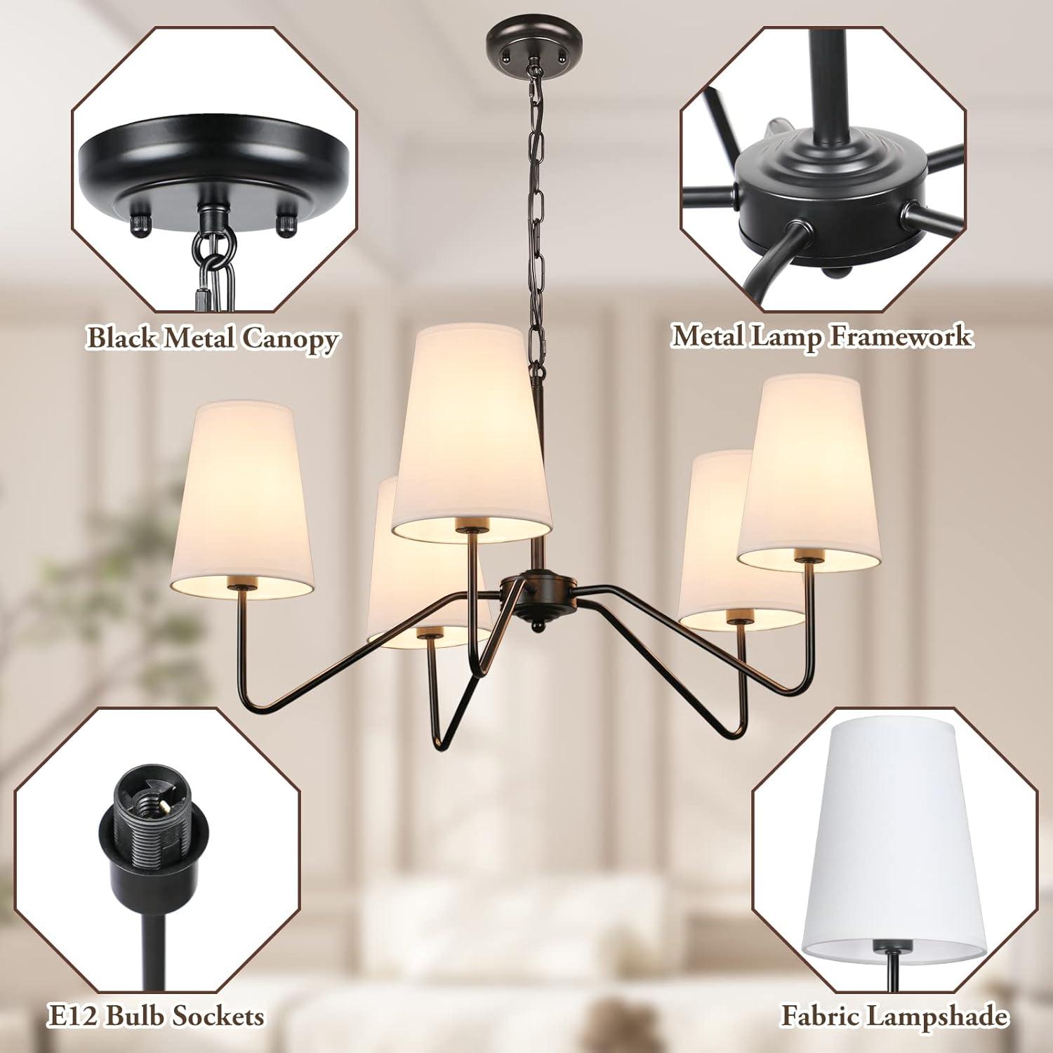 5-Light 30” Modern Chandelier with White Shades, Classic Pendant Ceiling Light Fixture for Dining Room, Black Chandelier with E12 Base Hanging Lamp for Living Room Hallway Bedroom, Height Adjustable