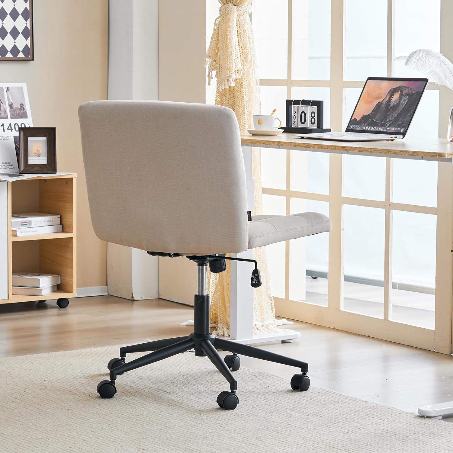 Beige Linen Armless Swivel Task Chair with Wheels