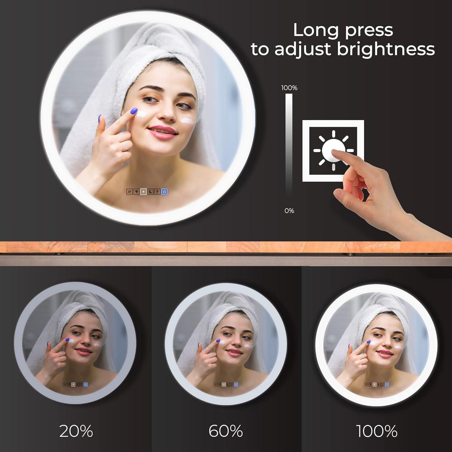 Round Lighted LED Bathroom and Vanity Mirror 28 inch with Anti Fog, Wall Mounted, Dimmer Touch Sensors by Fab Glass and Mirror