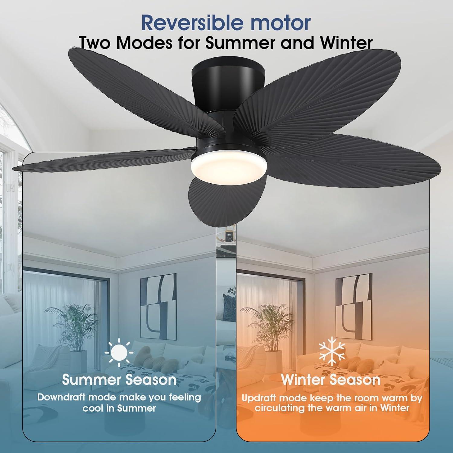 Palm Leaf Ceiling Fans with Lights-42 Tropical Ceiling Fan with Light and Remote/APP Control,Flush Mount Low Profile Black Ceiling Fans for Bedroom,Indoor/Outdoor Patio Use
