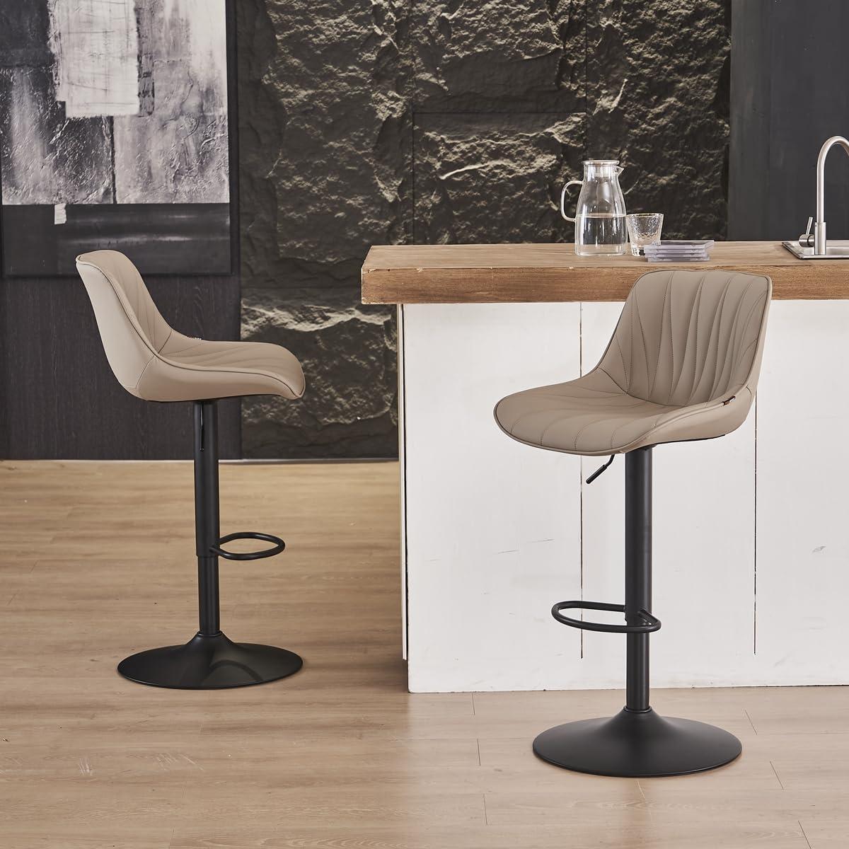 Khaki Adjustable Swivel Faux Leather Bar Stools with Metal Base