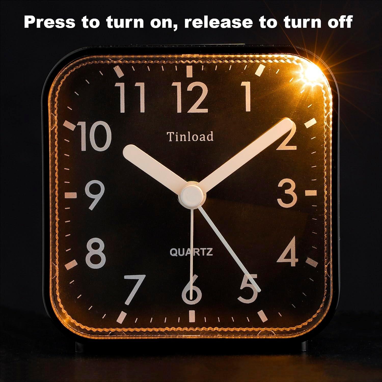 Small Battery Operated Analog Alarm Clock Silent Non Ticking, Ascending Beep Sounds, Snooze,Light Functions, Easy Set(Black)
