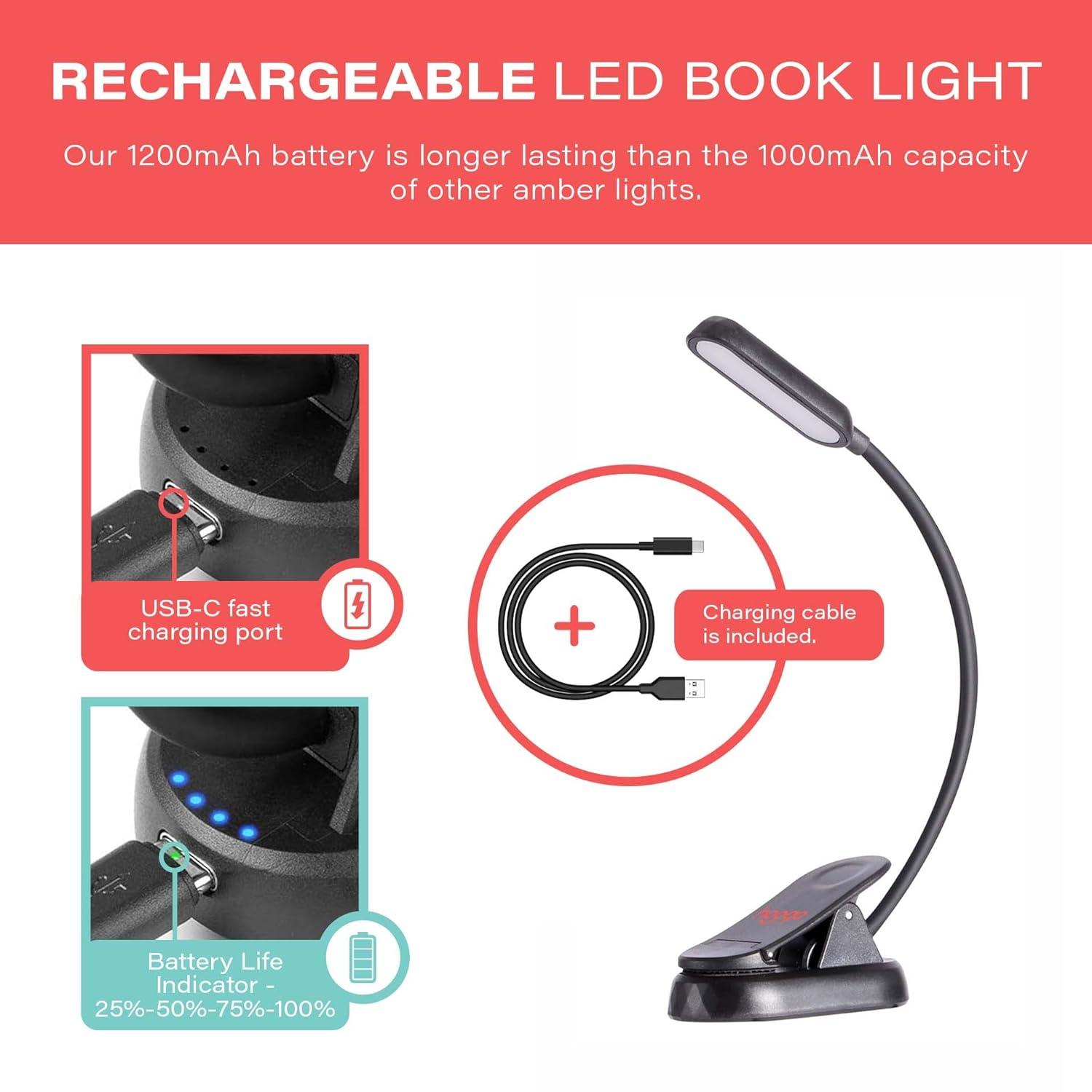 Book Light, Blue Light Blocking, Amber Clip-On Reading Light by Hooga. 1600K Warm LEDs for Reading in Bed. Sleep Aid Light. Rechargeable 1200mAh Battery. Adjustable Brightness. Works with Kindles