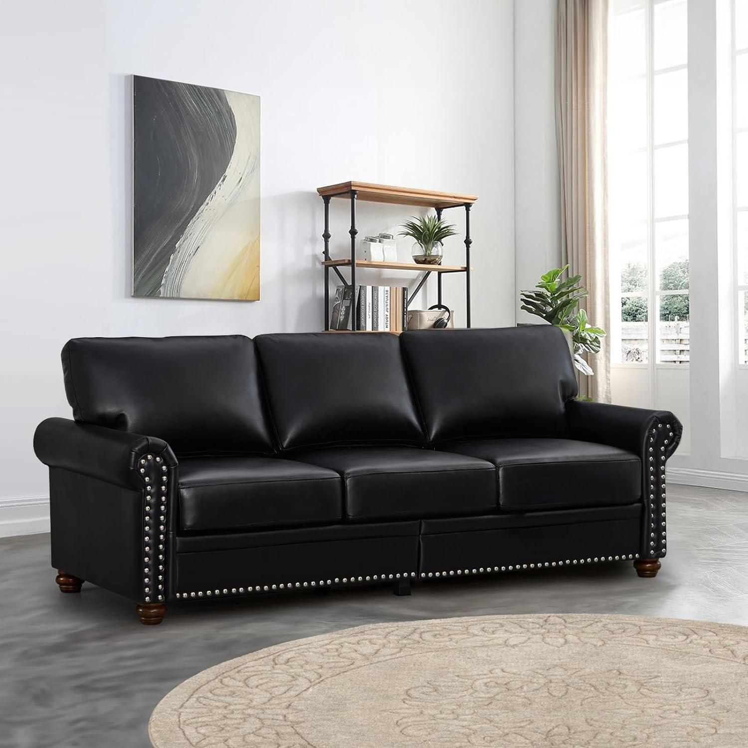 2 Piece Faux Leather Sofa Set,Modern Couch and Loveseat Sets with Storage,Mid Century Couch with Rivet Rolled Arm,Comfy Deep Seat Sofa,Furniture for Living Room,Office(Loveseat+3 Seater,Black)