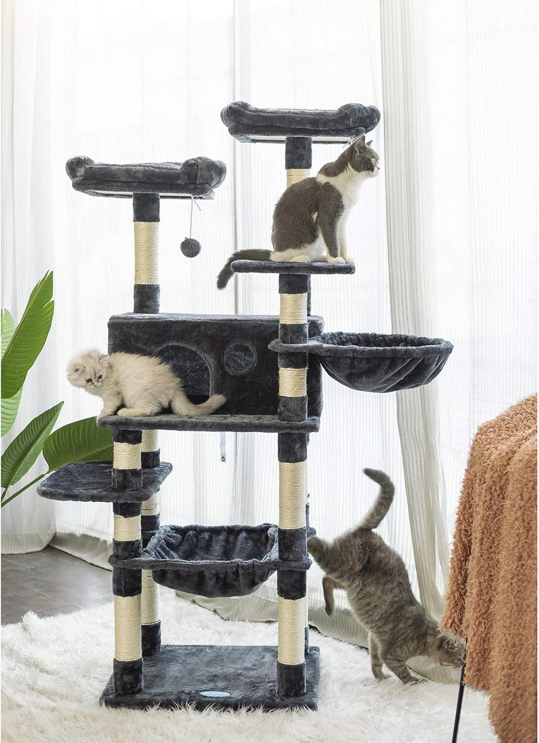 Hey-brother Cat Tree for Large Cats, Cat Tower with Scratching Posts, 2 Padded Plush Perches, Big Condo and Cozy Basket, Smoky Gray MPJ025G