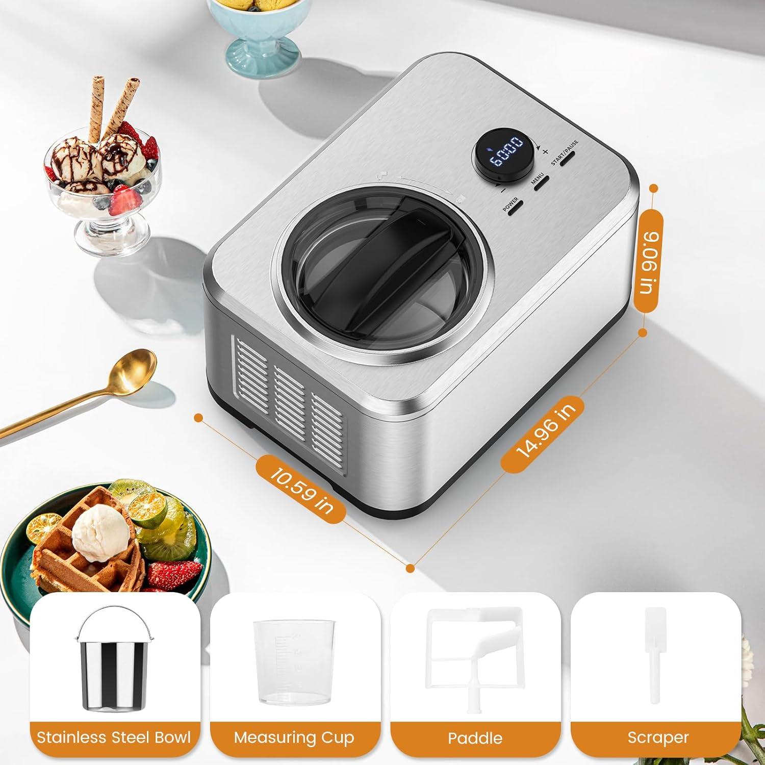 COWSAR 1.5 Quart Ice Cream Maker Machine with Built-in Compressor, Fully Automatic and No Pre-freezing, Frozen Yogurt, Keep-cooling and Timer