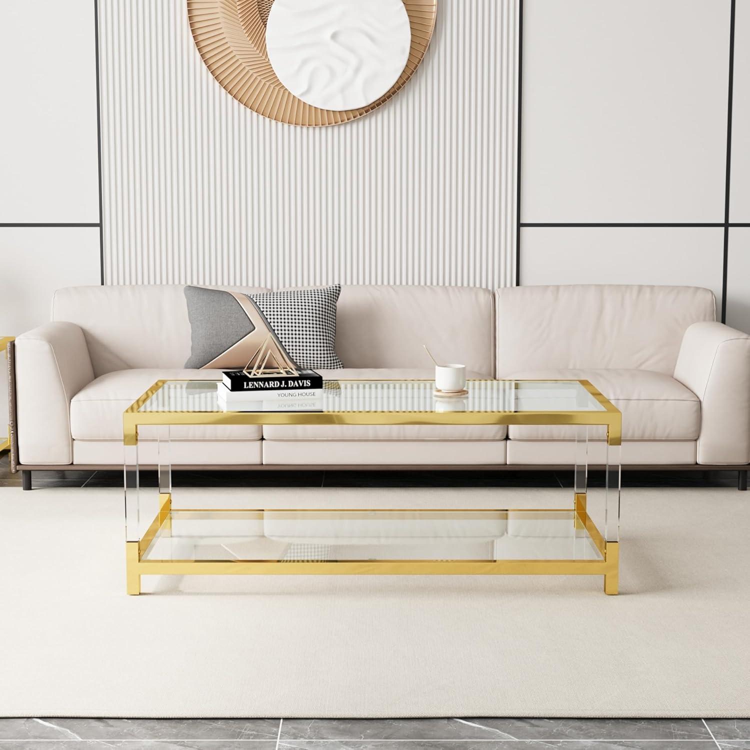 Modern Gold Glass Coffee Table with Acrylic Legs and Storage