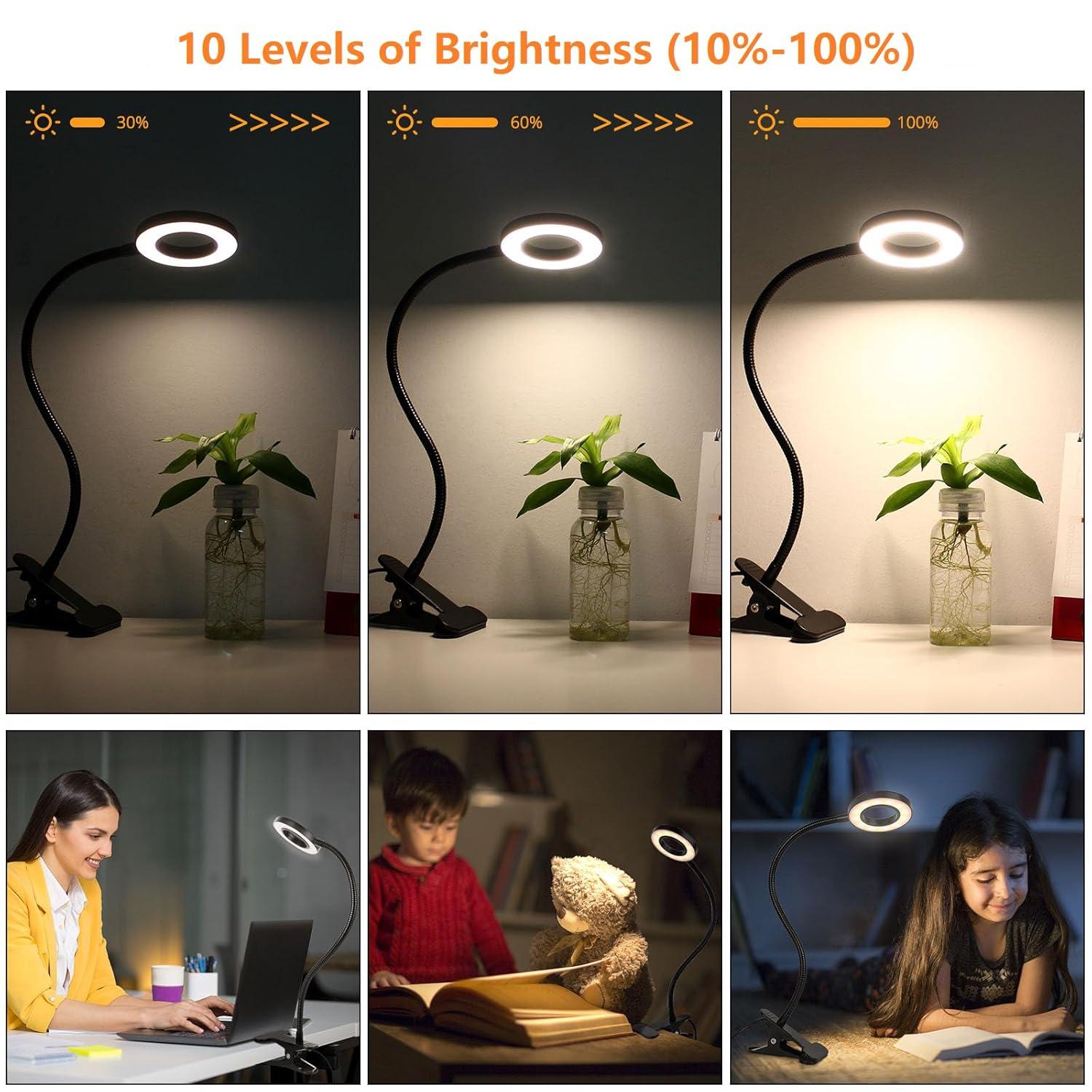 Desk Clip on Lamp for Reading Home Office, 10 Dimmable Brightness 3 Modes, Clamp Light for Bed Headboard