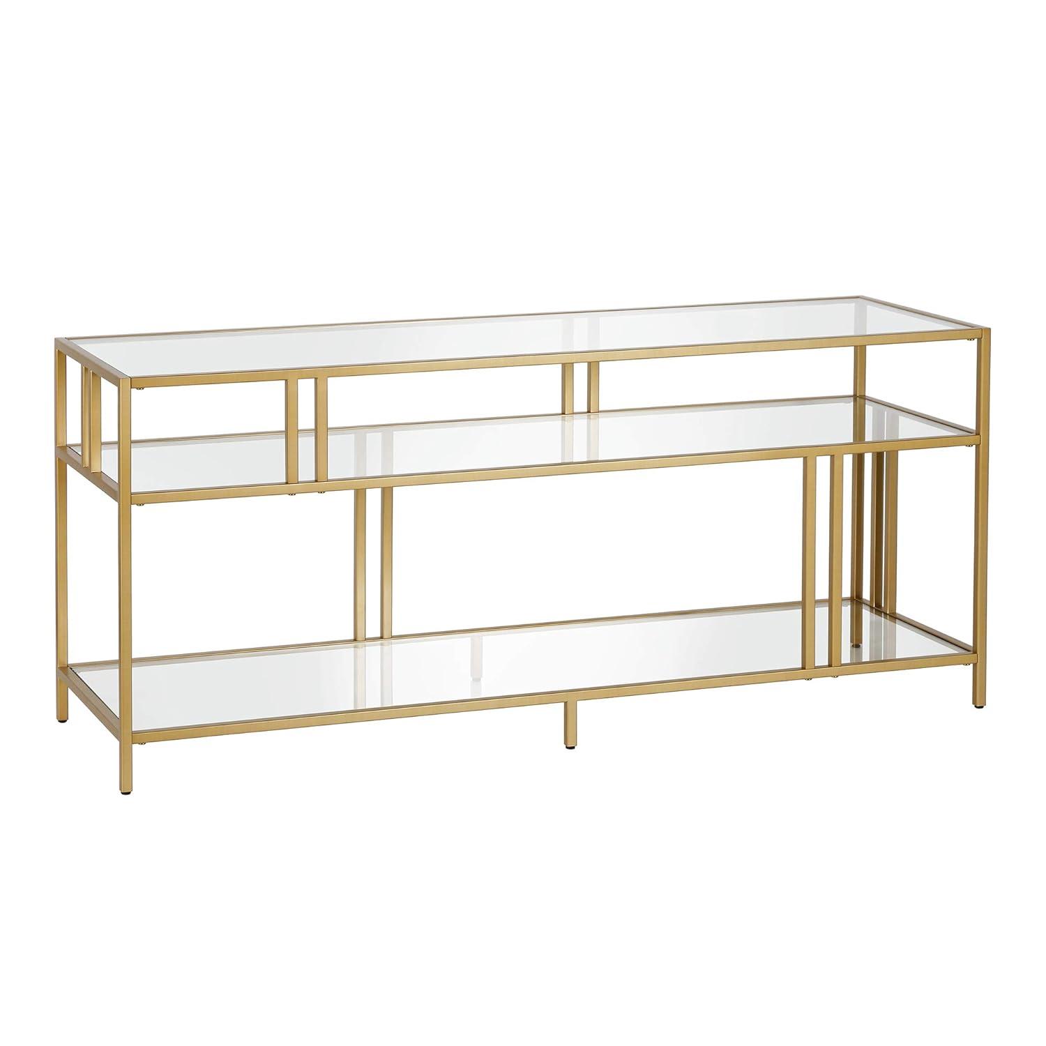 Evelyn&Zoe Cortland 48" Wide Rectangular Console Table with Glass Shelves, Brass