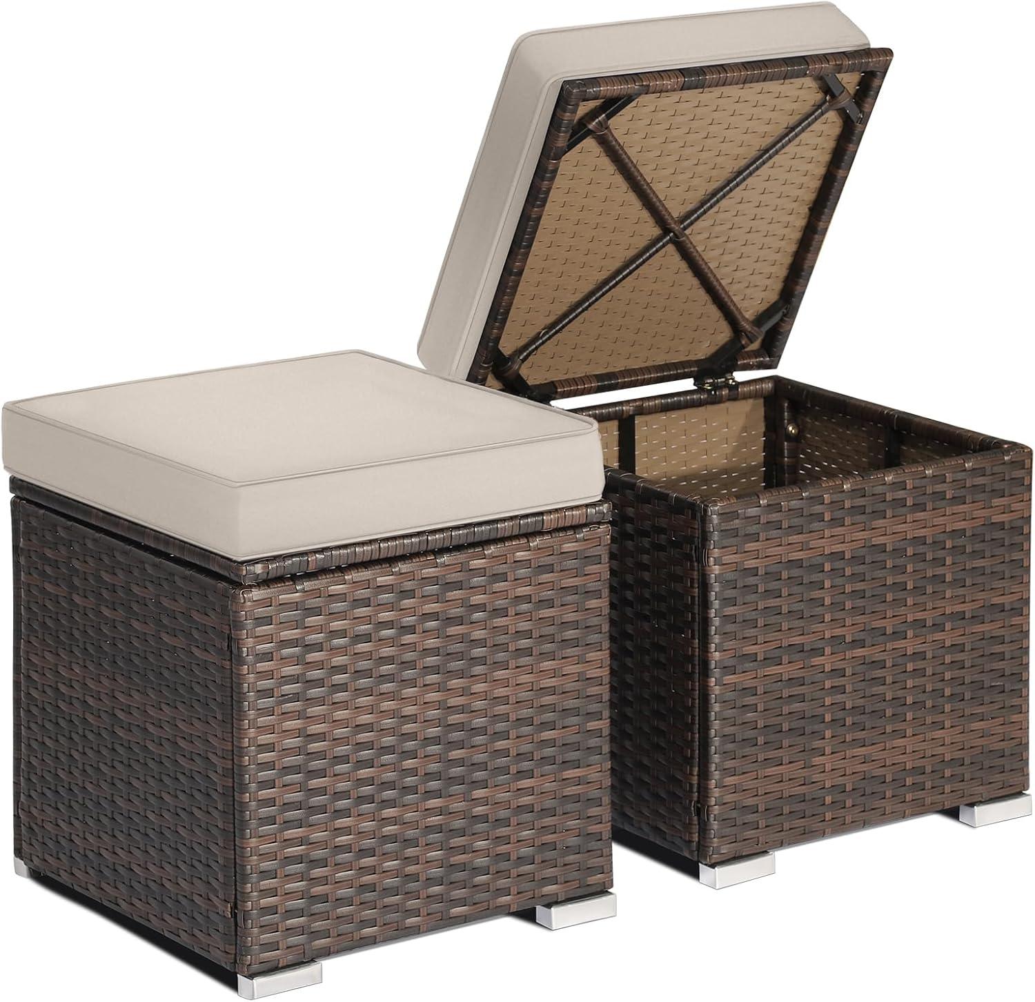 Latitude Run® 2-Pieces Patio Ottoman Set Outdoor Wicker Stool With Storage
