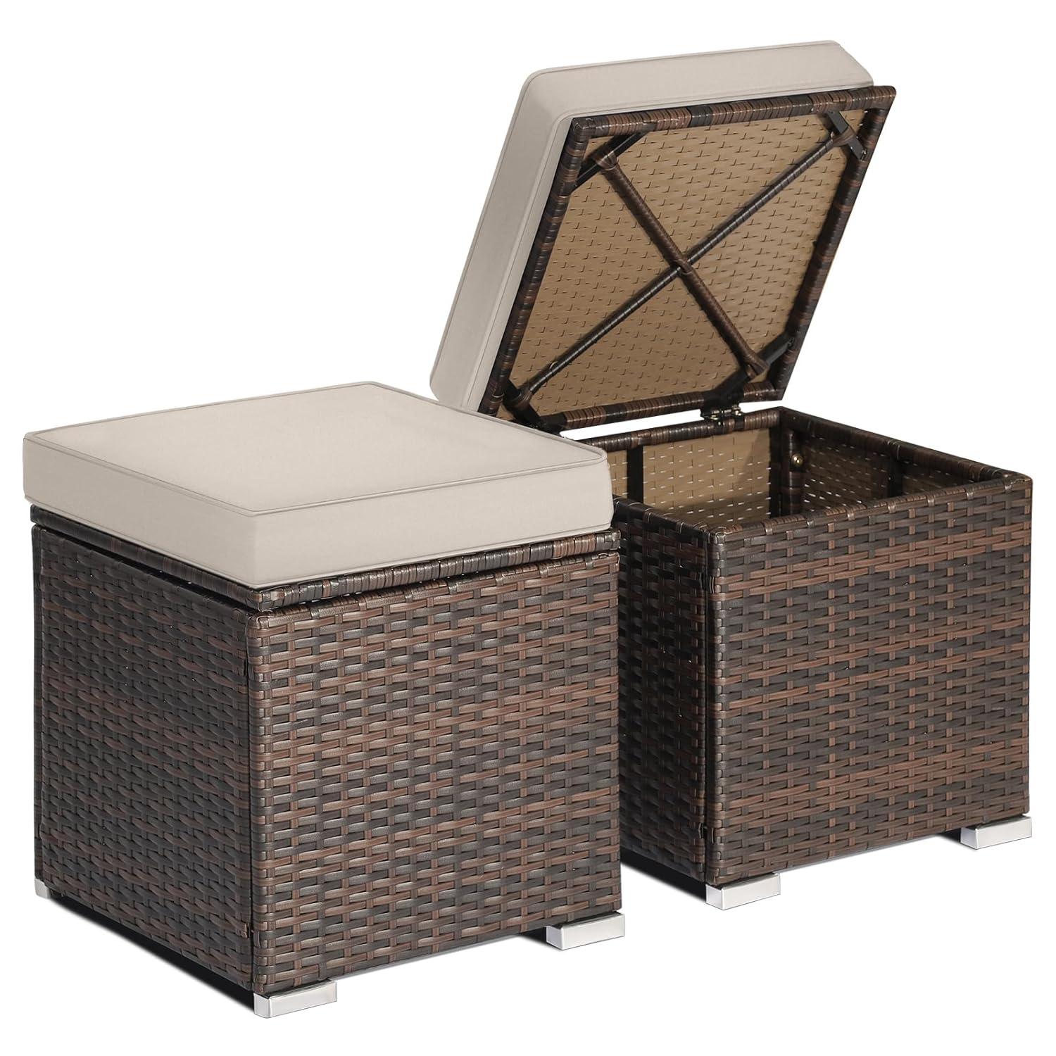 Latitude Run® 2-Pieces Patio Ottoman Set Outdoor Wicker Stool With Storage