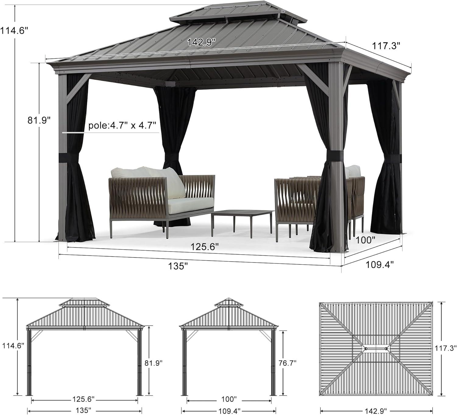 PURPLE LEAF 12' X 16' Hardtop Aluminum Gazebo with Netting and Curtains Heavy Duty Permanent Gazebo with Double Metal Roof for Patio Deck Lawn Garden All Weather Outdoor Pavilion Gazebos, Light Grey