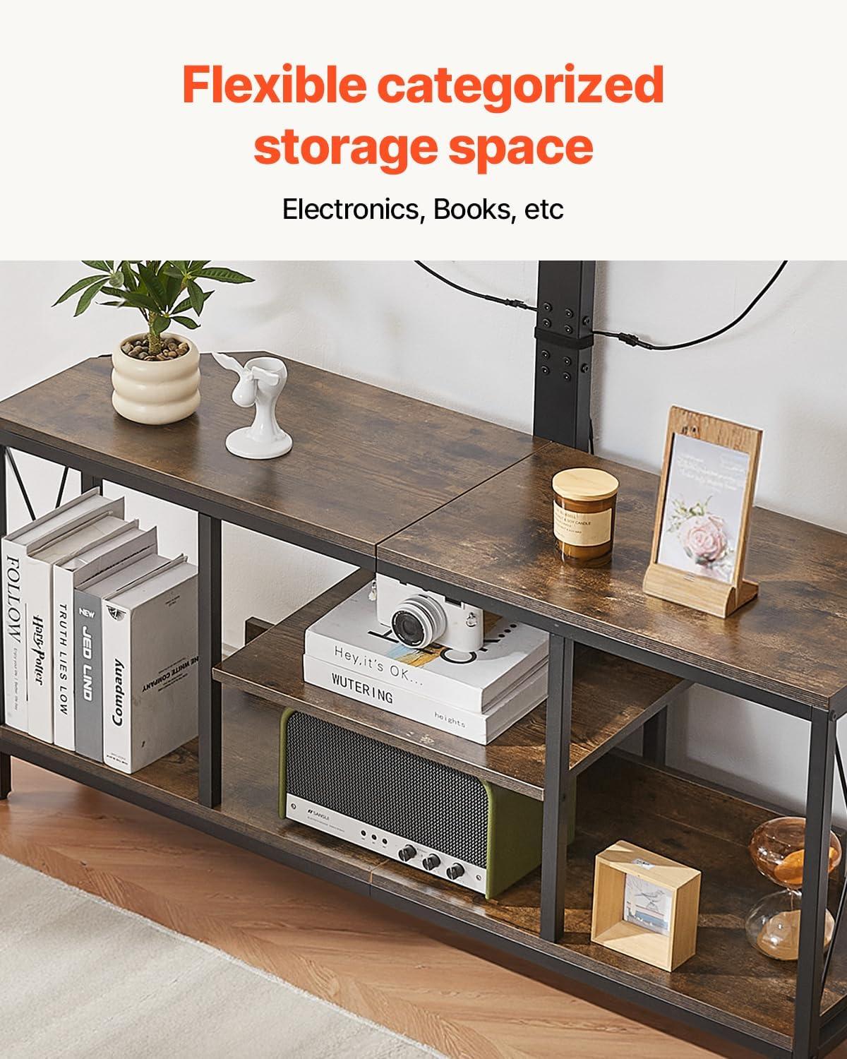 VEVOR 45" TV Stand with Mount for up to 75 in TVs, Entertainment Center with Power Outlet & LED Lights, Height Adjustable TV Console with Mount with 3 Tiers Storage Cabinets for Bedroom, Living Room