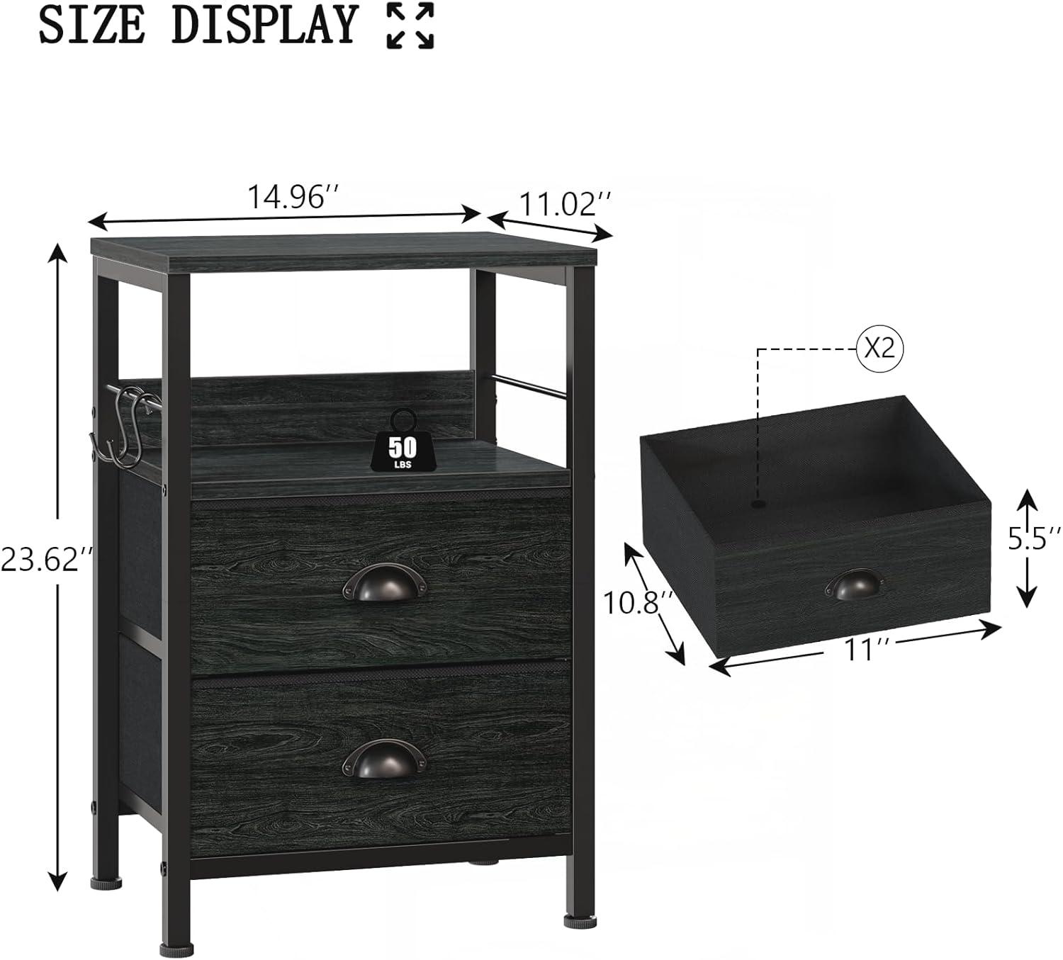 Furologee Nightstands Set 2, End Tables with 2 Fabric Drawers, Bedside Tables with Hooks and Shelf, Side Tables for Bedroom/Living Room/Study/Black Oak