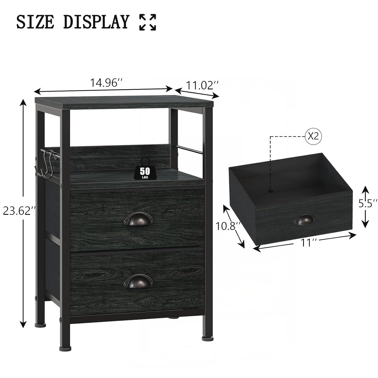 Furologee Nightstands Set 2, End Tables with 2 Fabric Drawers, Bedside Tables with Hooks and Shelf, Side Tables for Bedroom/Living Room/Study/Black Oak