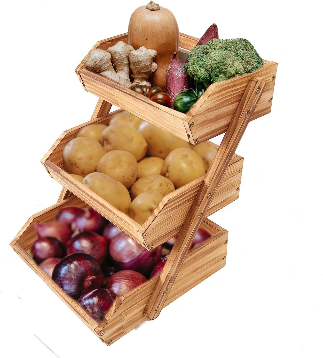 3 Tier Wooden Fruit Basket For Kitchen, Bread Vegetable Fruit Basket Bowl Stand, Farmhouse Fruit Bowl for Countertop, Large