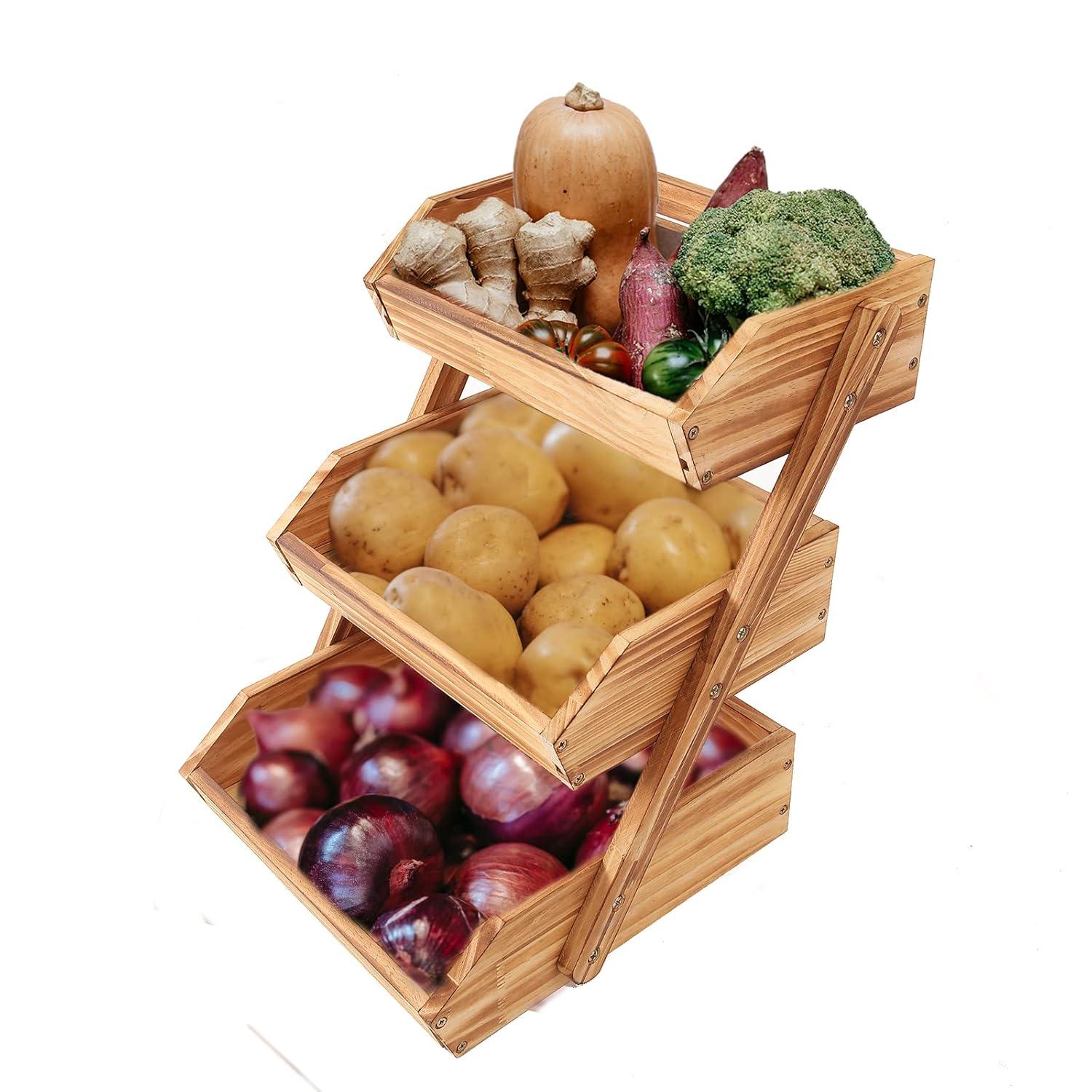 3 Tier Wooden Fruit Basket For Kitchen, Bread Vegetable Fruit Basket Bowl Stand, Farmhouse Fruit Bowl for Countertop, Large