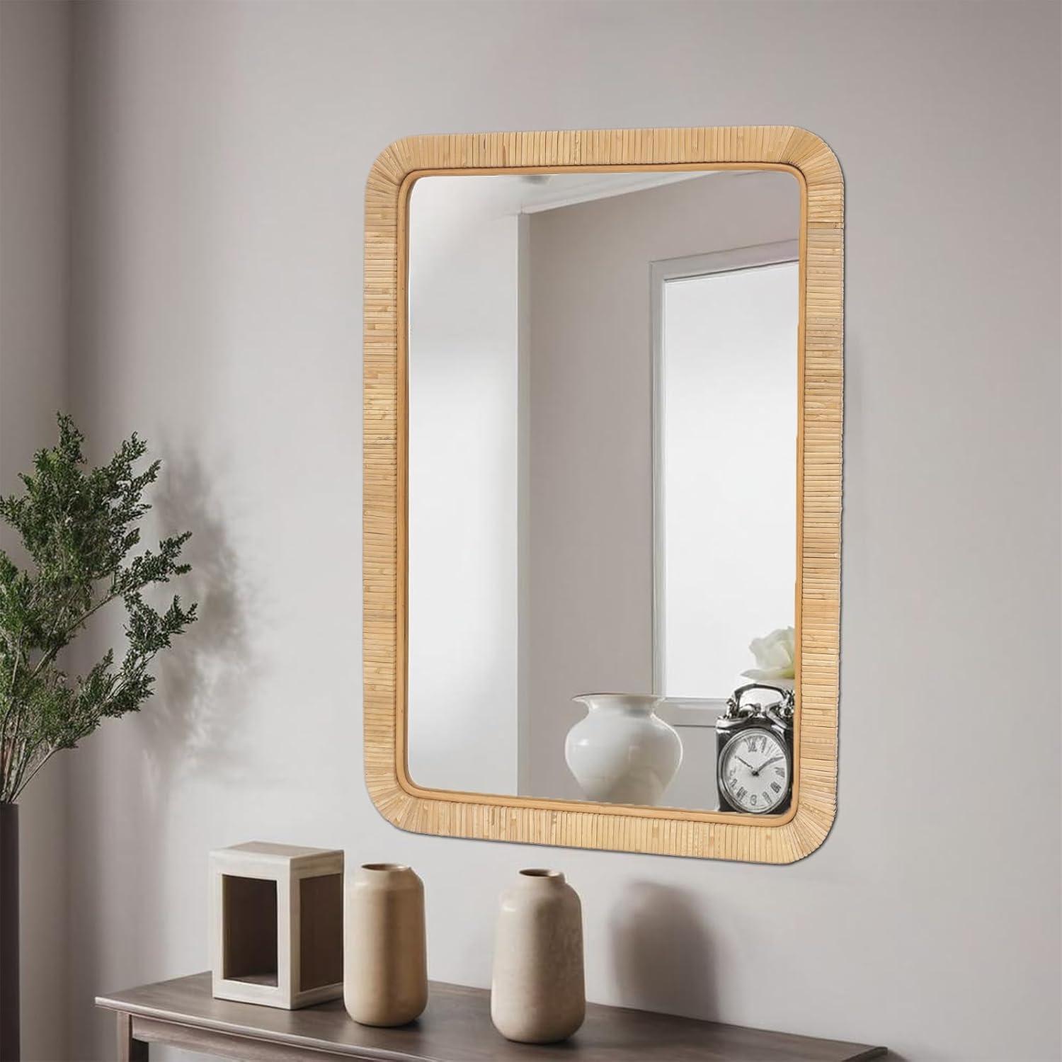 Barnyard Designs Rattan Bathroom Mirror – Rustic Farmhouse Style Handmade Wicker Rattan Frame - Boho Mirror for Nursery Wall Décor (20" x 30", Rectangular)