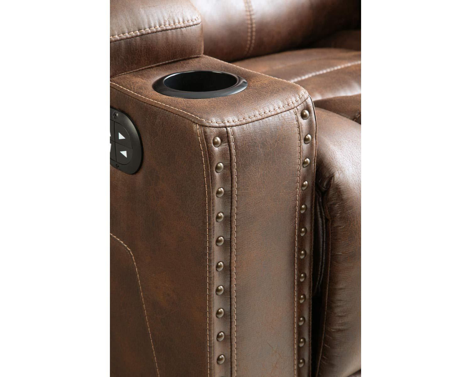 Ashley Furniture Owner's Box Faux Leather Power Reclining Loveseat in Dark Brown