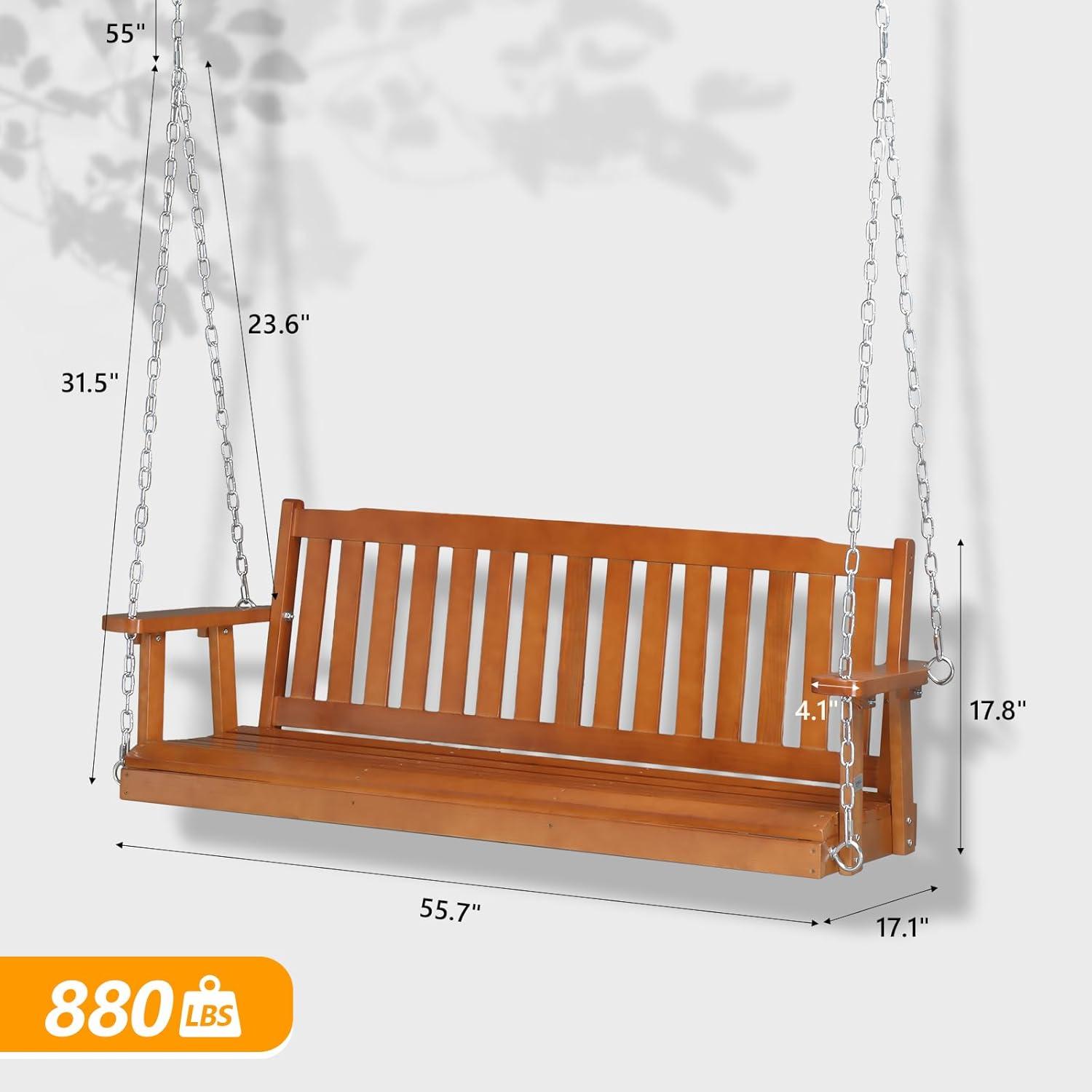 5 FT Brown Pine Outdoor Porch Swing with Adjustable Chains