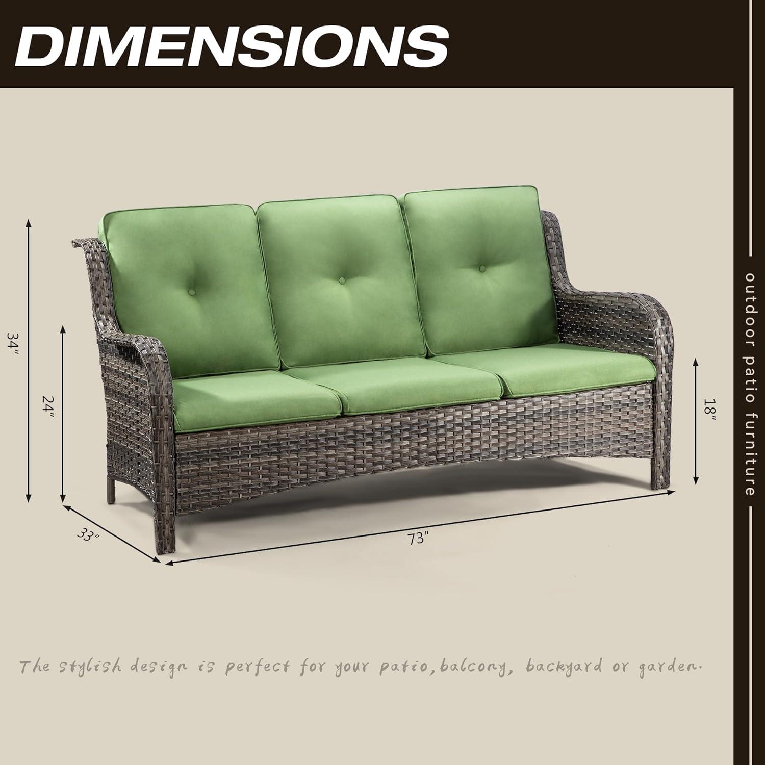 3-Seat Wicker Outdoor Patio Sofa Sectional Couch with Green Cushions