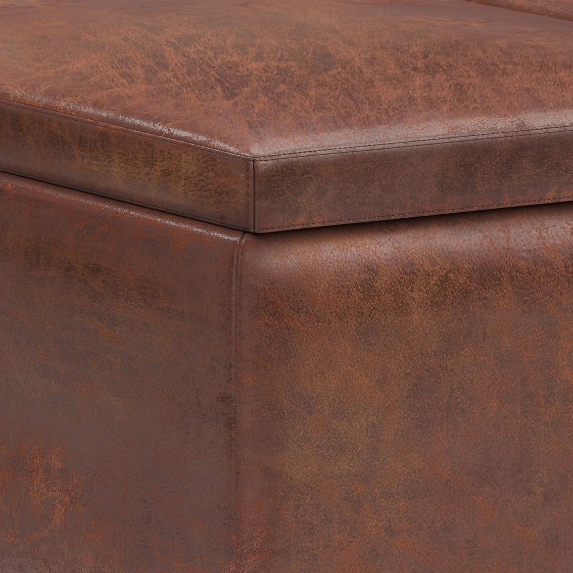 Simpli Home Owen 34"W Small Upholstered Coffee Table Storage Ottoman with Flip-Over Tray Top and Solid Wood Legs