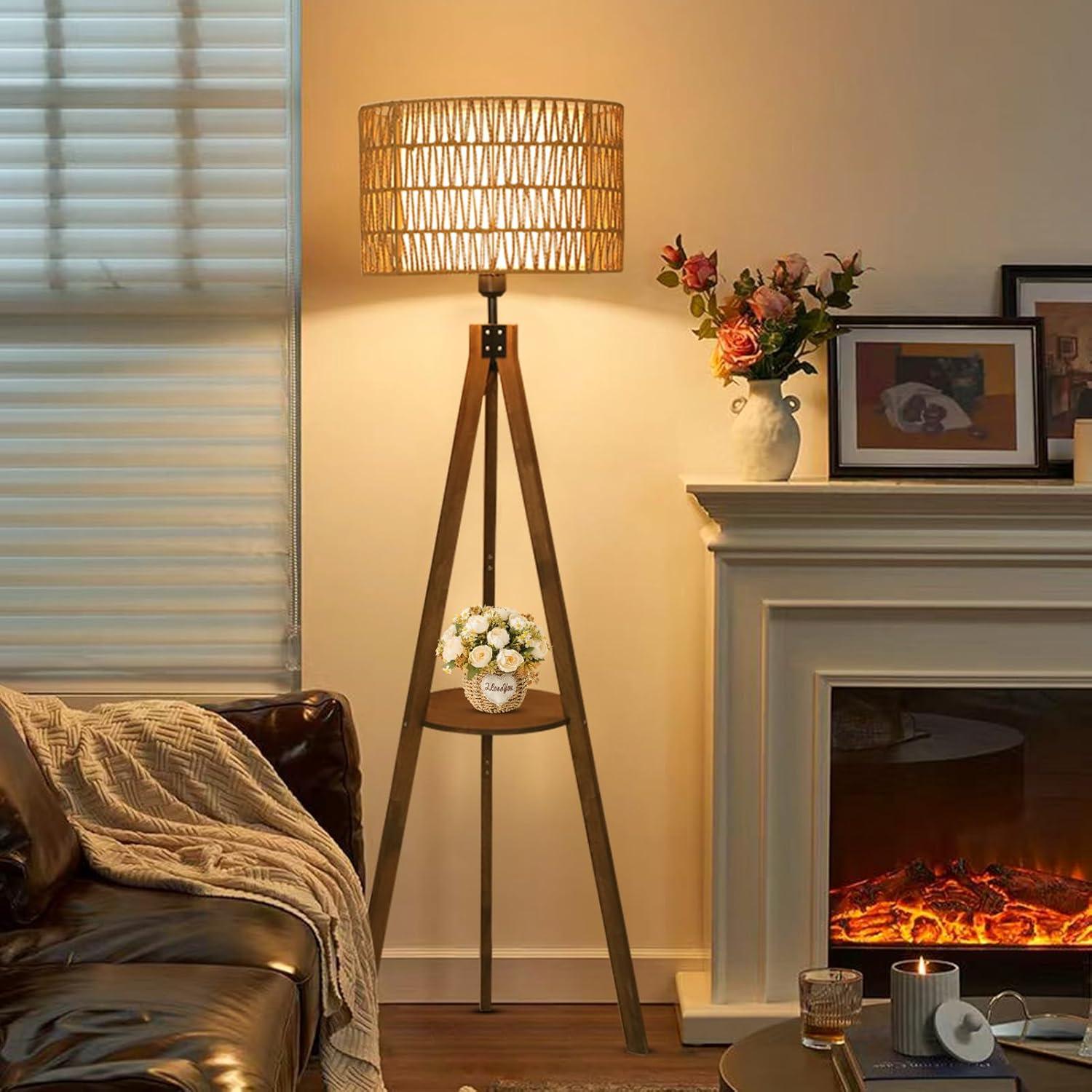 Boho Tripod Floor Lamp with Shelves, Mid Century Wood Standing Lamp with Rattan & Fabric Shades, ON/Off Foot Switch, Modern Farmhouse Tall Floor Lamps for Living Room Bedroom Office