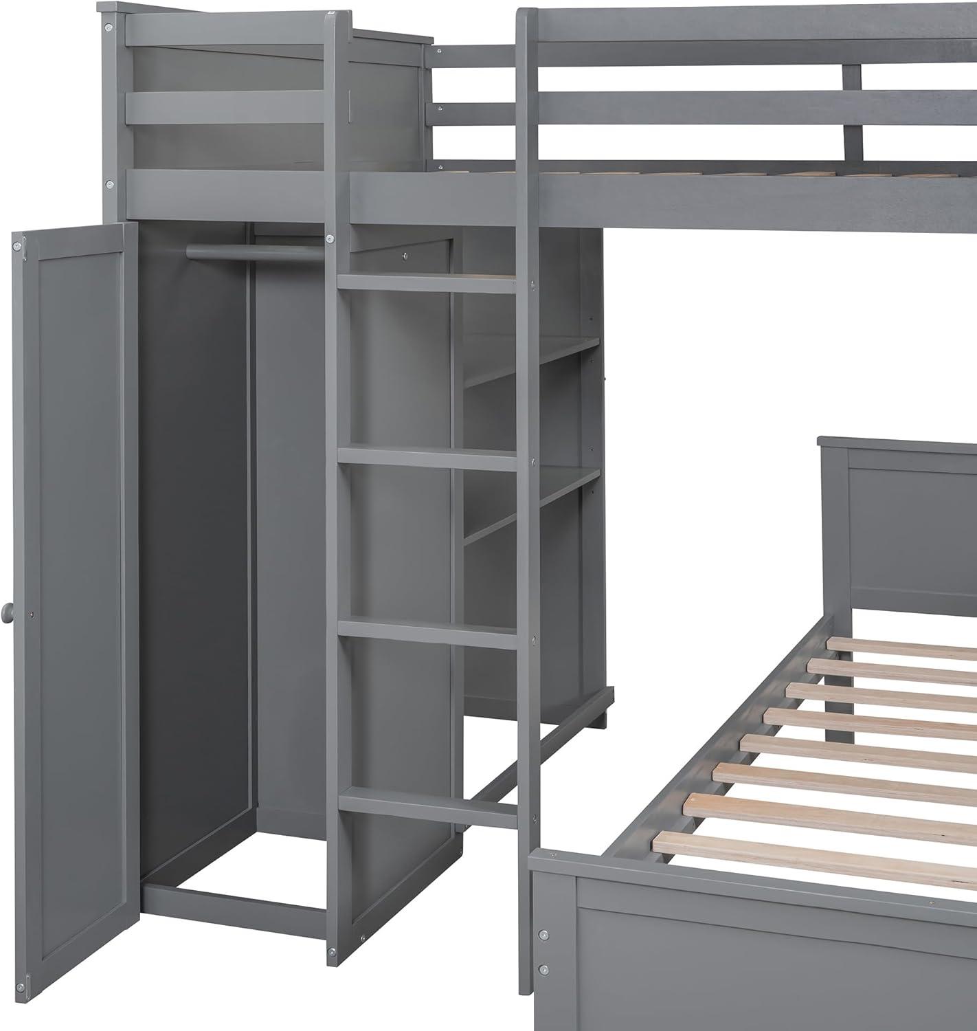 Full Over Twin Bunk Bed with Desk, Wardrobe and Storage Shelves, Loft Bed with A Stand-Alone Bed, Wooden Loft Bed Frame with Safety Guardrails & Slats Support, Bottom Bed Can Be Moved, Gray
