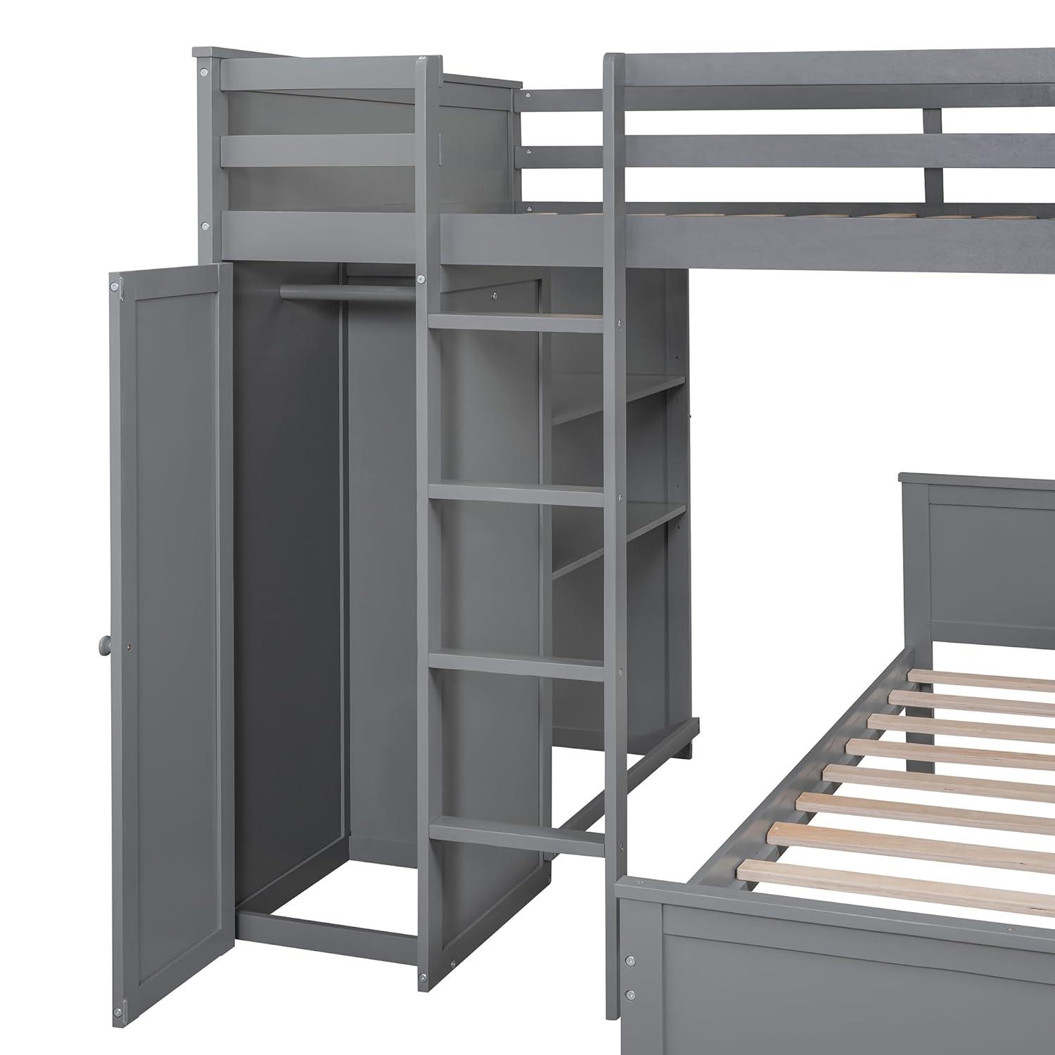 Full Over Twin Bunk Bed with Desk, Wardrobe and Storage Shelves, Loft Bed with A Stand-Alone Bed, Wooden Loft Bed Frame with Safety Guardrails & Slats Support, Bottom Bed Can Be Moved, Gray