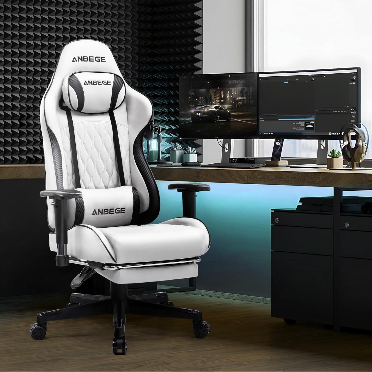 ANBEGE Gaming Chair Ergonomic Computer Office Chair PU Leather Executive Chair with Footrest, White