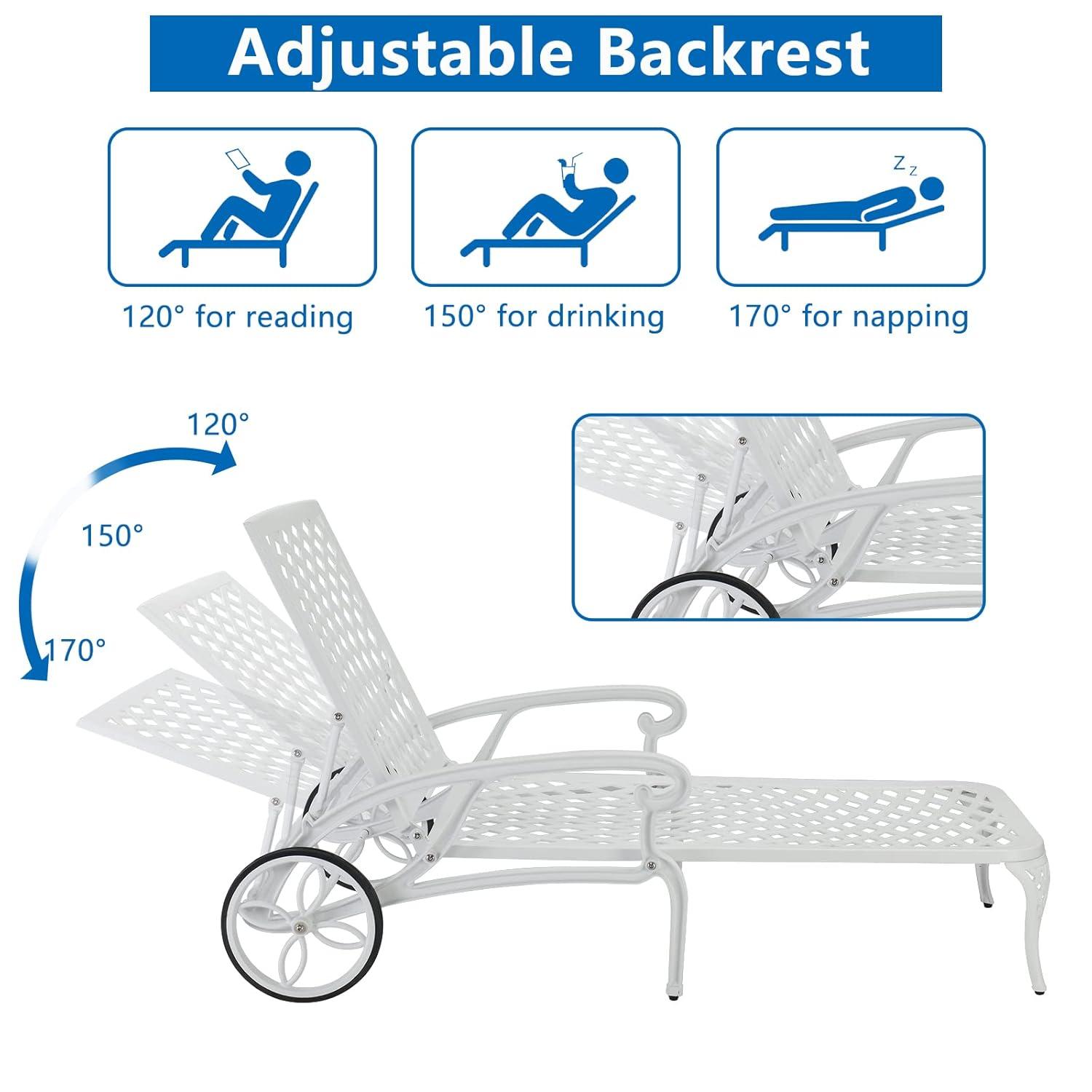 Black Cast Aluminum Metal Outdoor Chaise Lounge with Wheels and 3-Position Adjustable Backrest for Patio, Pool