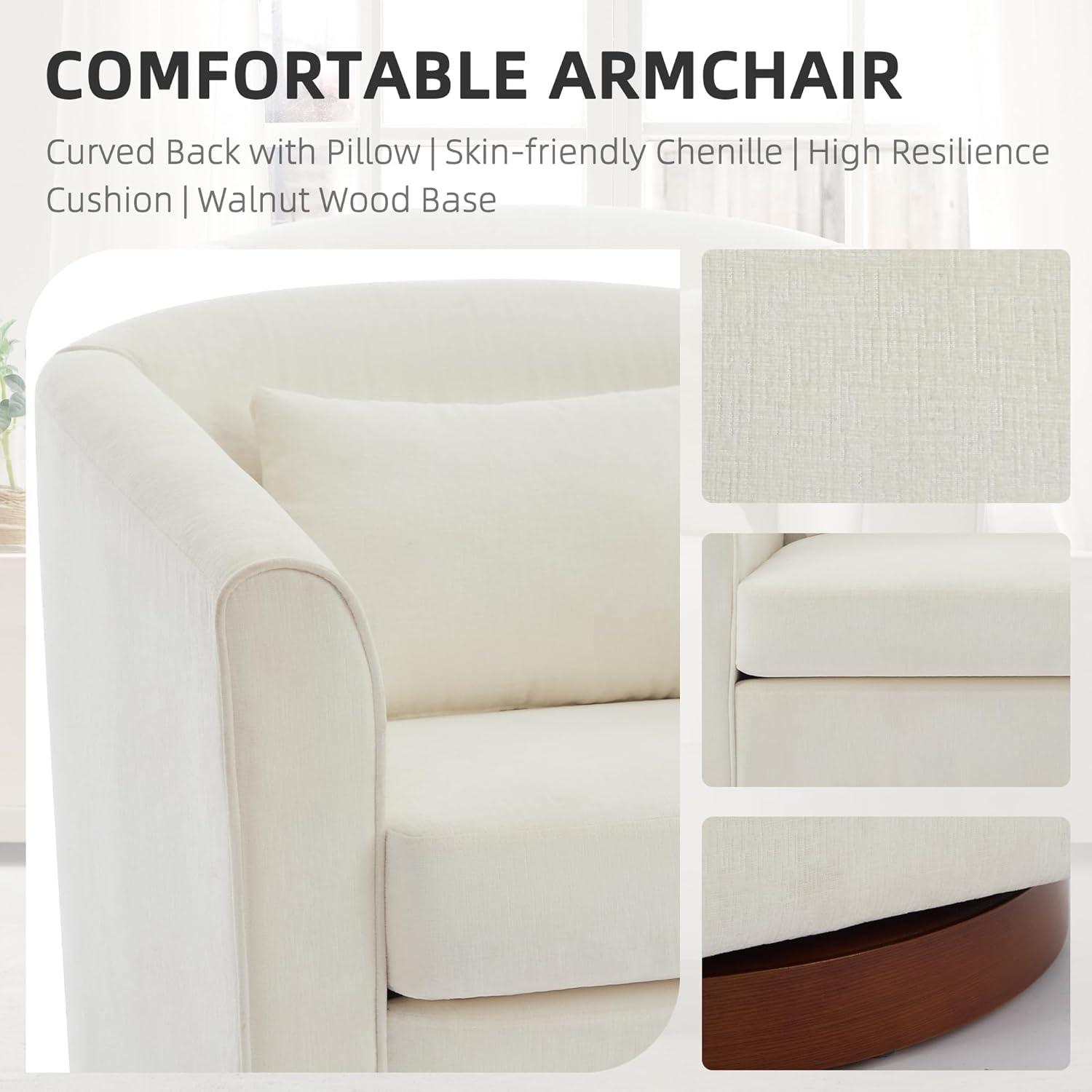 360° Swivel Accent Chair, Chenille Upholstered Armchair Barrel Chair with One Waist Pillow and Wood Base, Comfy Reading Chair for Living Room Bedroom