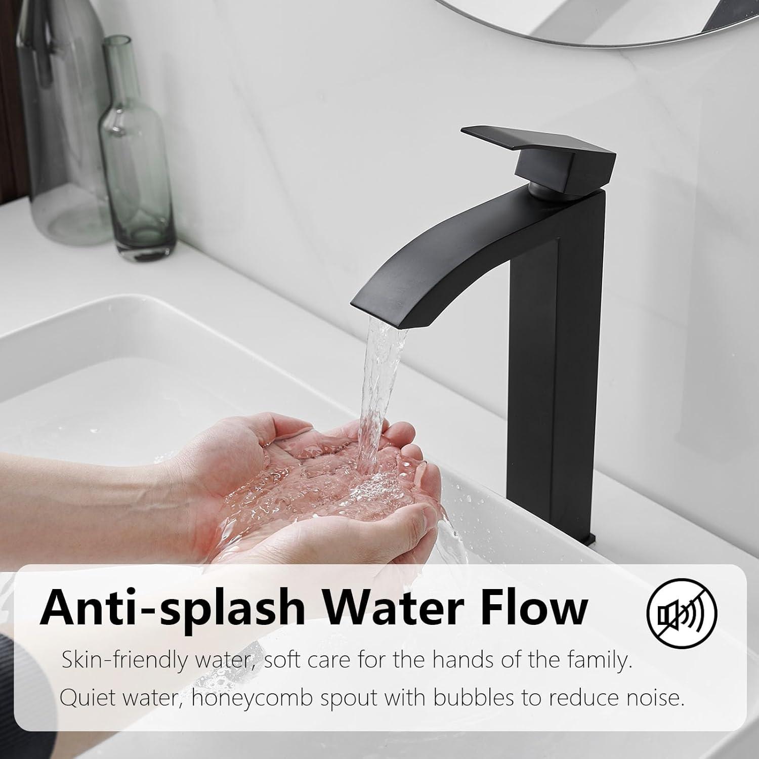 Waterfall Bathroom Faucet Single Handle，Bathroom Sink Faucet 1 Hole，Waterfall Faucet for Bathroom Sink，Vessel Sink Faucet Matte Black Tall Bathroom Faucet