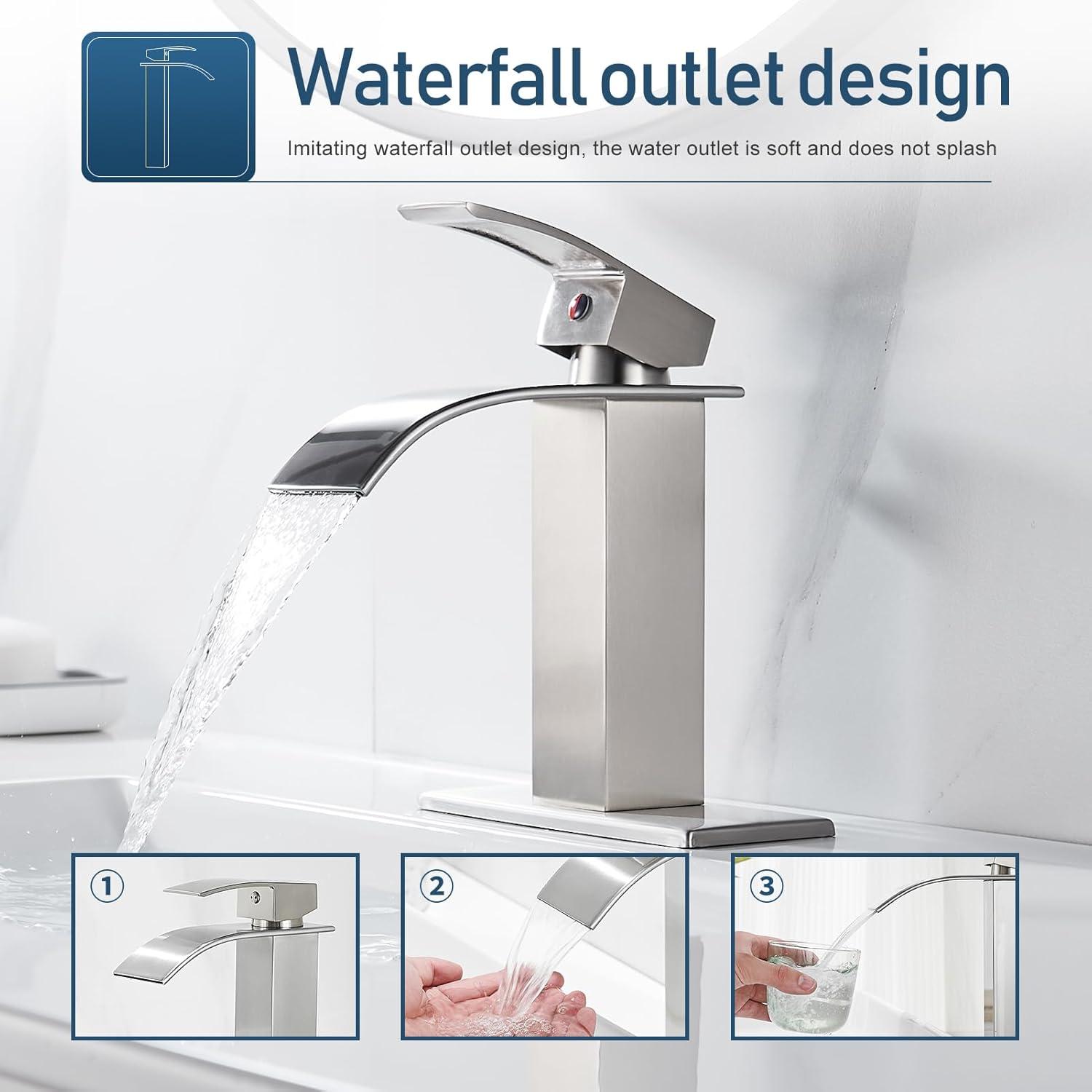 Waterfall Single Handle Bathroom Vanity Sink Faucet with Metal Pop-up Drain, Brushed Nickel Finish
