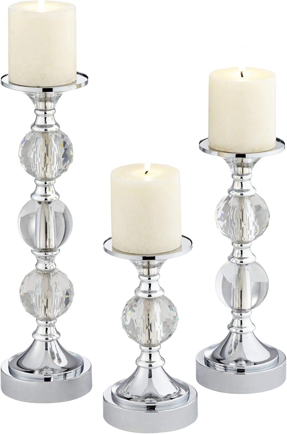 Dahlia Studios Caroline Chrome and Crystal Pillar Candle Holders Set of 3