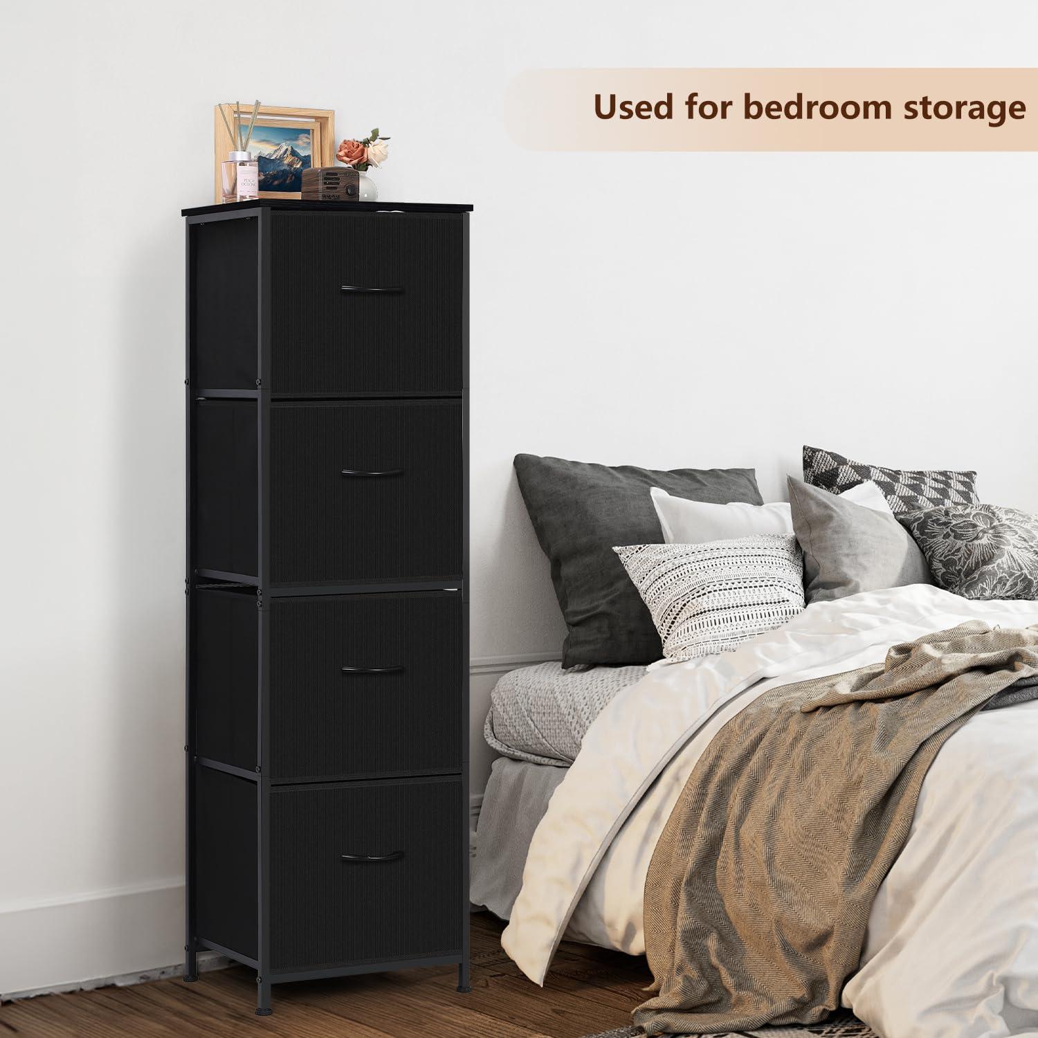 ZUNMOS 4 Drawer Fabric Dresser for Bedroom, Tall Chest of Drawer Organizer Storage Cabinet for Closet, Entryway, Black