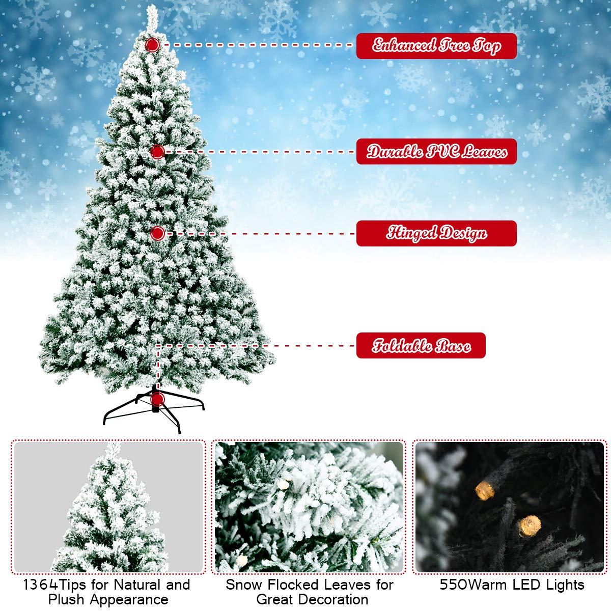 Costway 7.5Ft Pre-Lit Premium Snow Flocked Hinged Artificial Christmas Tree w/550 Lights
